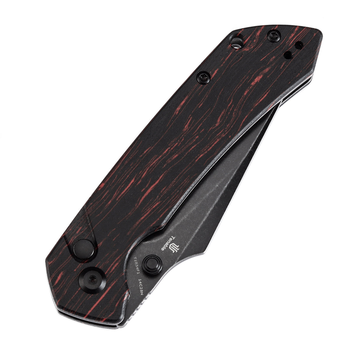 Tenable Button Lock Fenrir Folding Knife Black & Red G-mascus Handle (3.45" Blackwash 14C28N Blade) Sparrow Knife Design--T1034F1