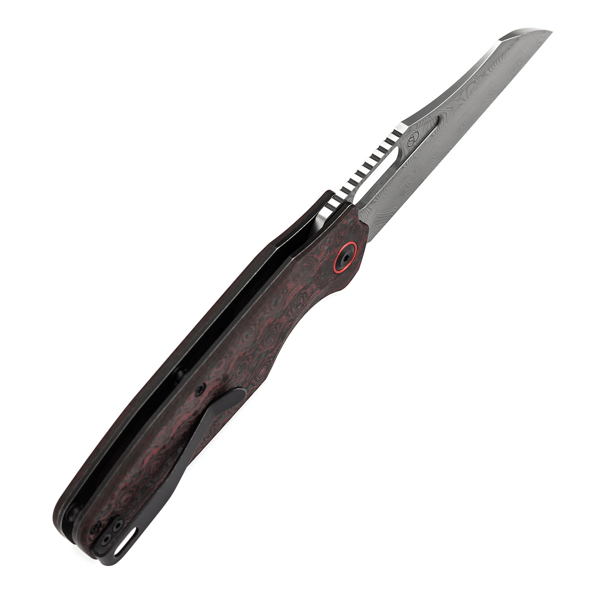 Tenable Tuckamore Folding Knife | 3.54" Water Ripple Damascus | Red & Black Rose Pattern Carbon Fiber | Jonathan Styles Design - B1052A4