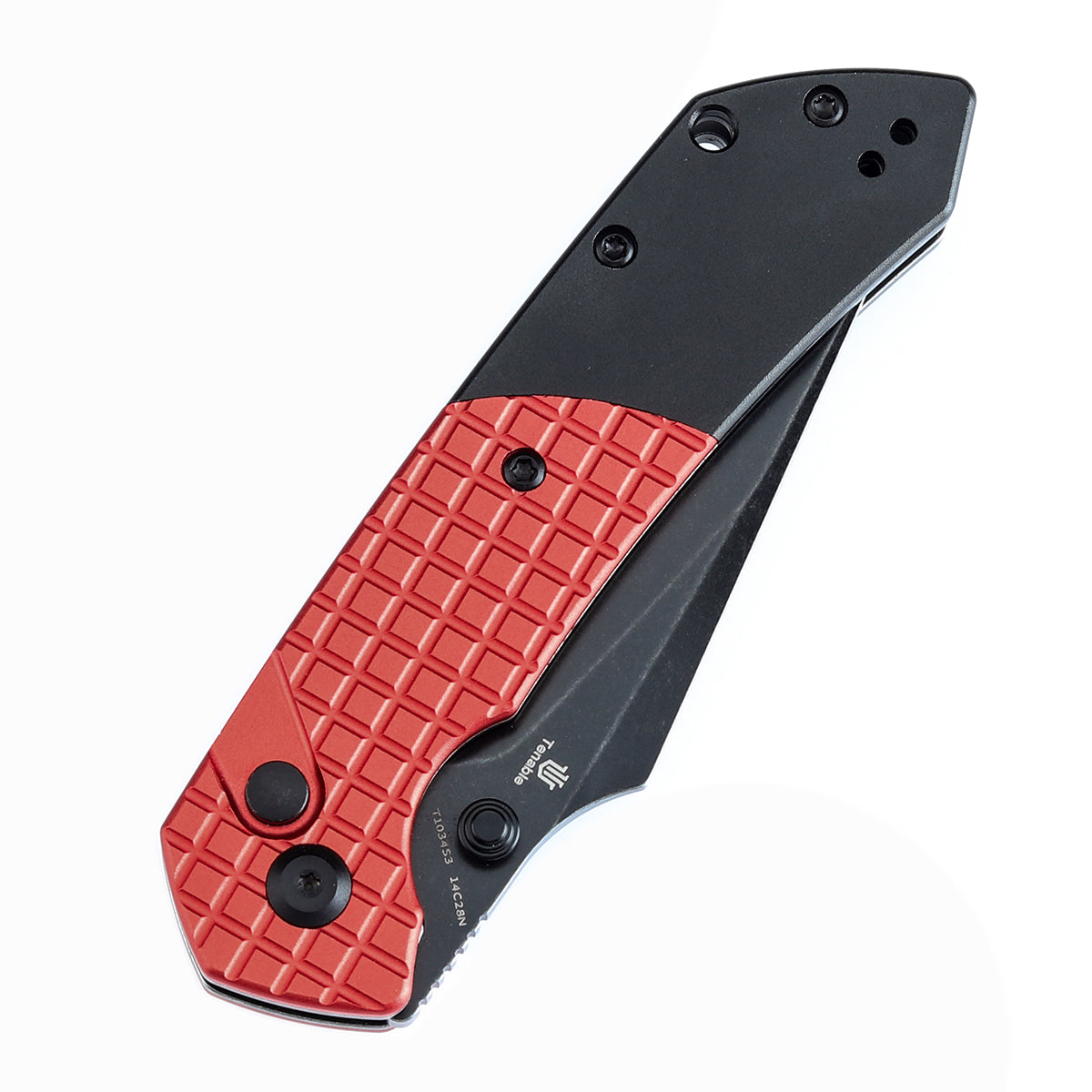 Tenable Button Lock Fenrir Folding Knife-Best Gift for Christmas Dark Red Aluminum with Frag Pattern & Black Handle (3.45" Blackwash 14C28N Blade) Sparrow Knife Design--T1034S3