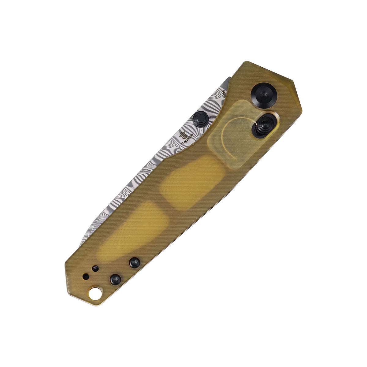 Tenable Beaver CrossBar Folding Knife | 3.44'' Water Ripple Damascus Blade | Amber PEI/Ultem Handle | Kim Ning Design-T1105V6