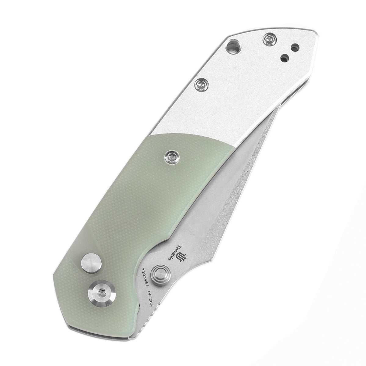 Tenable Button Lock Fenrir Folding Knife Jade G10 & Plain Aluminum Handle (3.45" Stonewashed 14C28N Blade) Sparrow Knife Design--T1034S7