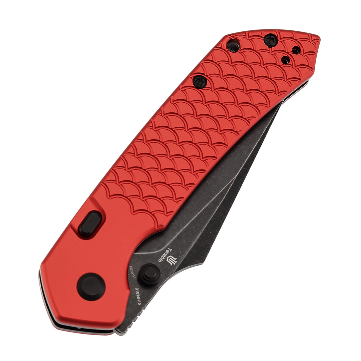 Tenable Fenrir | Top Liner Lock Folding Knife | 3.4“ Blackwashed Nitro-V Blade | Red Anodized Aluminum with Fishscale Texture Handle | Sparrow Knife Design | B1034H10