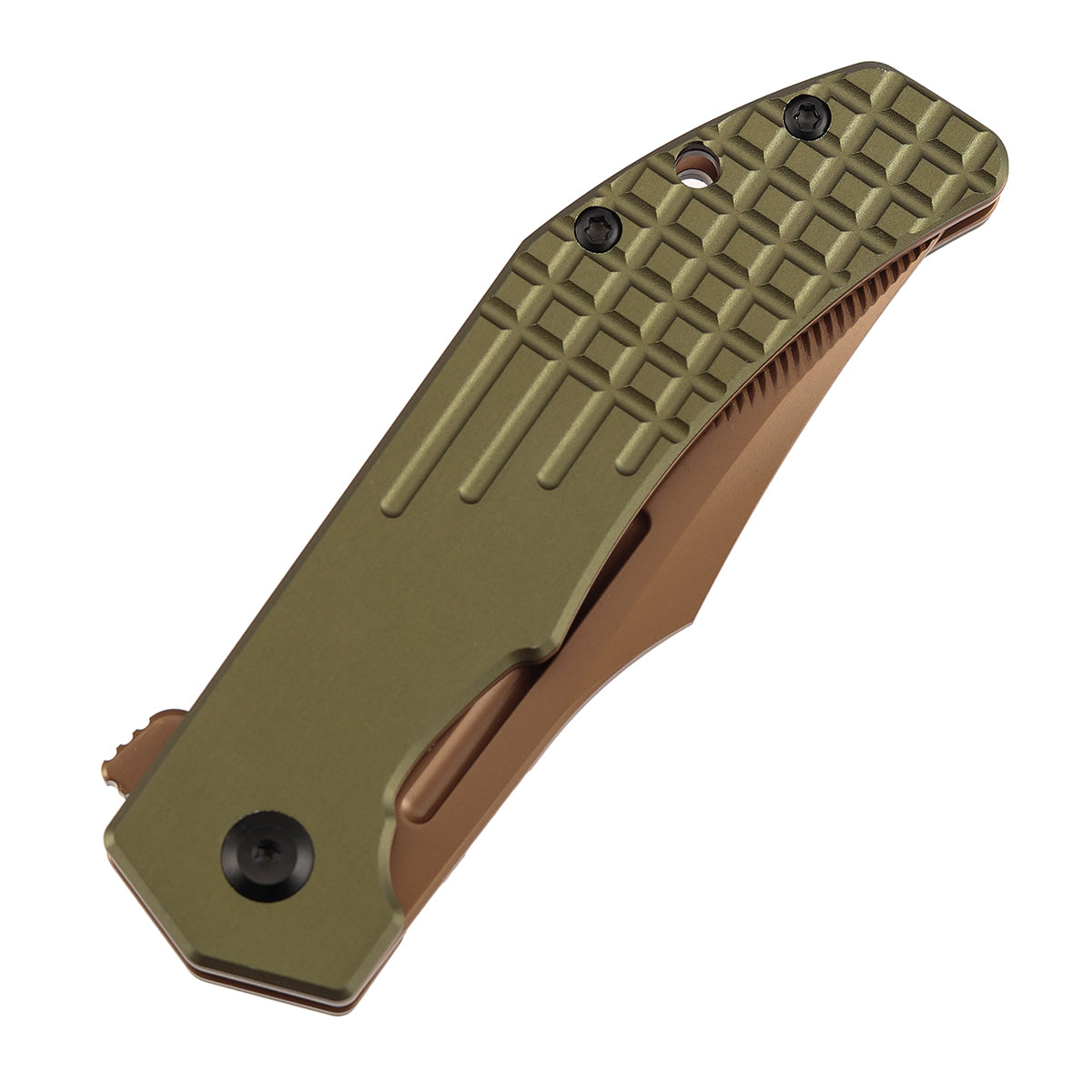 Tenable Orion Flipper Folding Knife | 3.07" Rose Gold Nitro V with CNC Milling Blade | Green Aluminum Handle | JB Stout Design | B1089C2