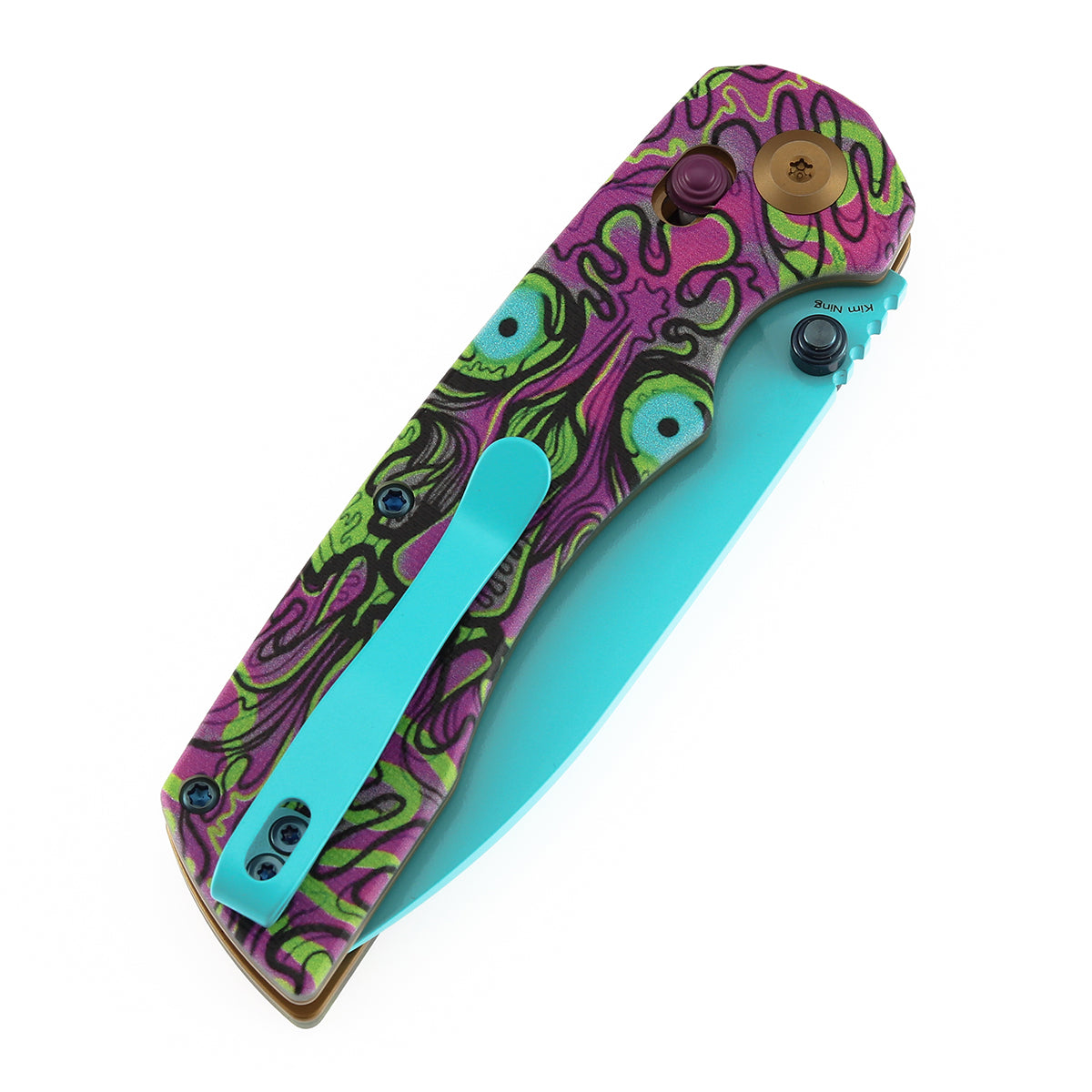 Tenable Kryo Cross Bar Lock |Jade G10 with Purple Undead Print Handle | 3.58‘’ Blue Coated 14C28N Blade| Kim Ning Design - T1001V9