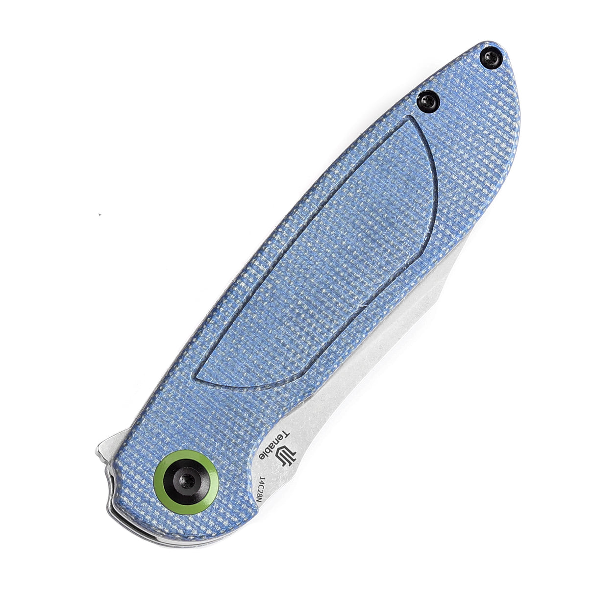 Tenable Prometheus Folding Knife Blue Micarta Handle(3.29'' Stonewashed 14C28N Blade)D.O.C.K. Design-T1040A3