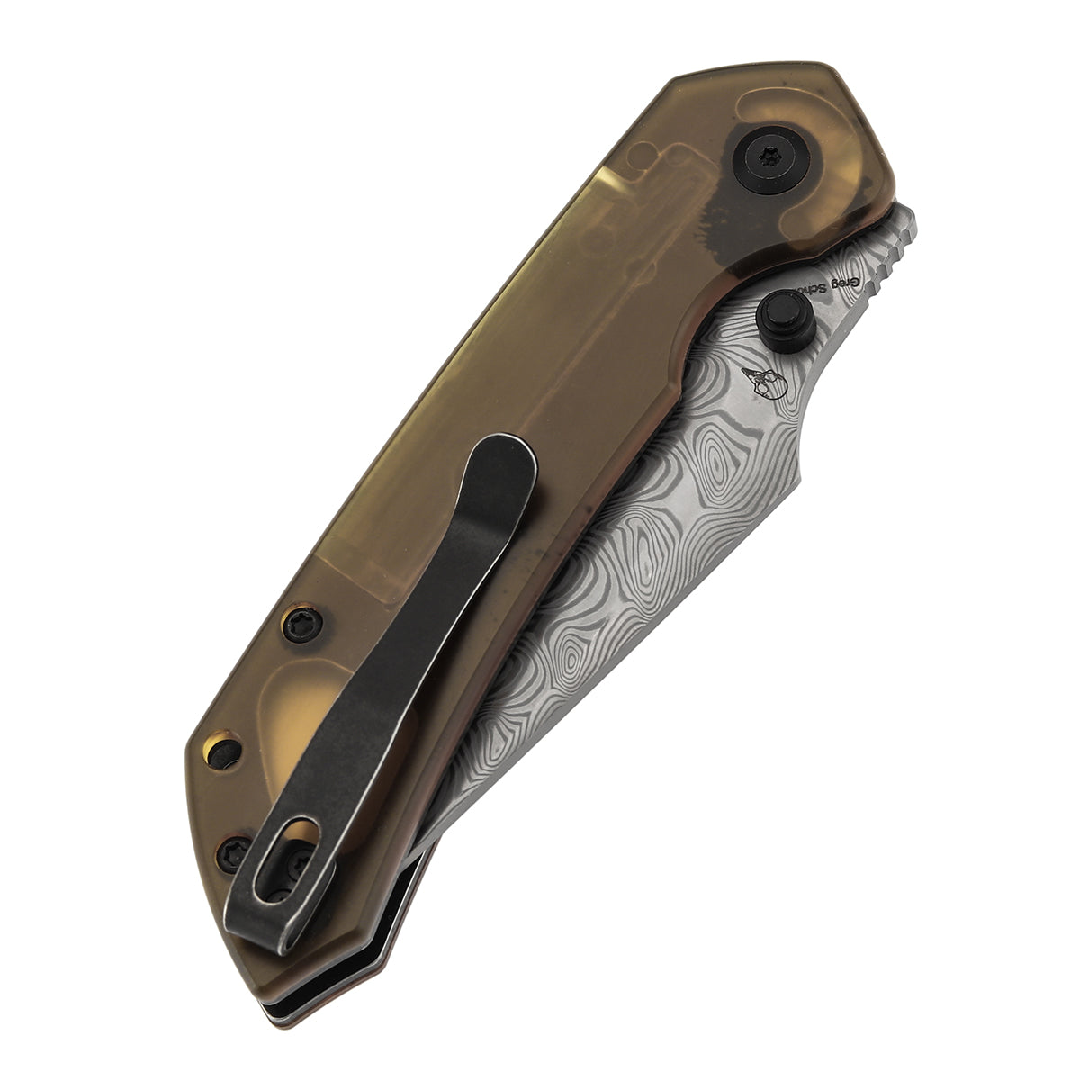 Available on TikTok -Tenable Fenrir Top Liner Lock Folding Knife| Amber PEI Handle | 3.4“ Damacus Blade | Sparrow Knife Design | B1034H6