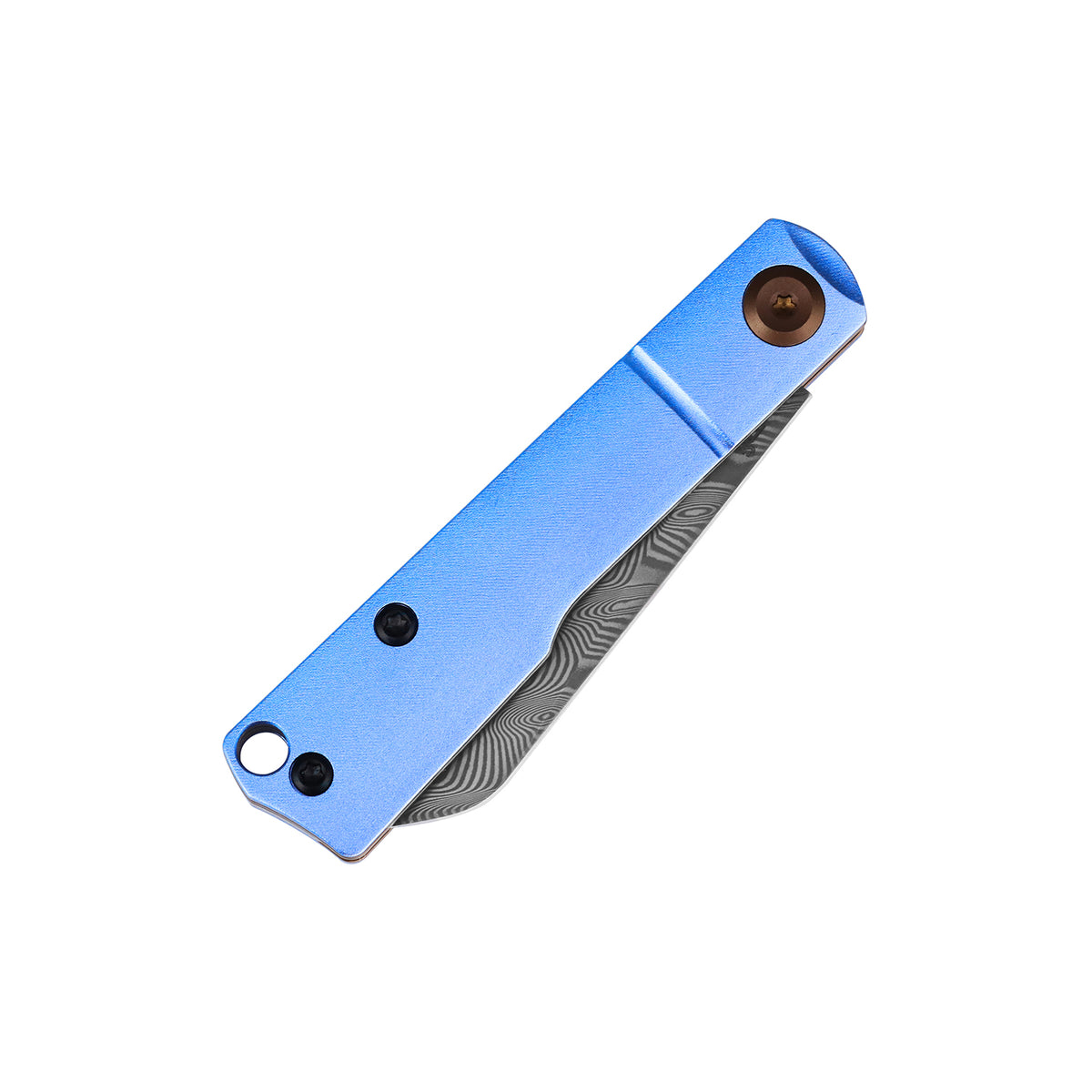 Tenable Riflestock Lock Back Folding knife | 2.34" Water Ripple Damascus Blade | Light Blue Anodized Aluminum Handle | Nick Swan Knives Design - B2131S1