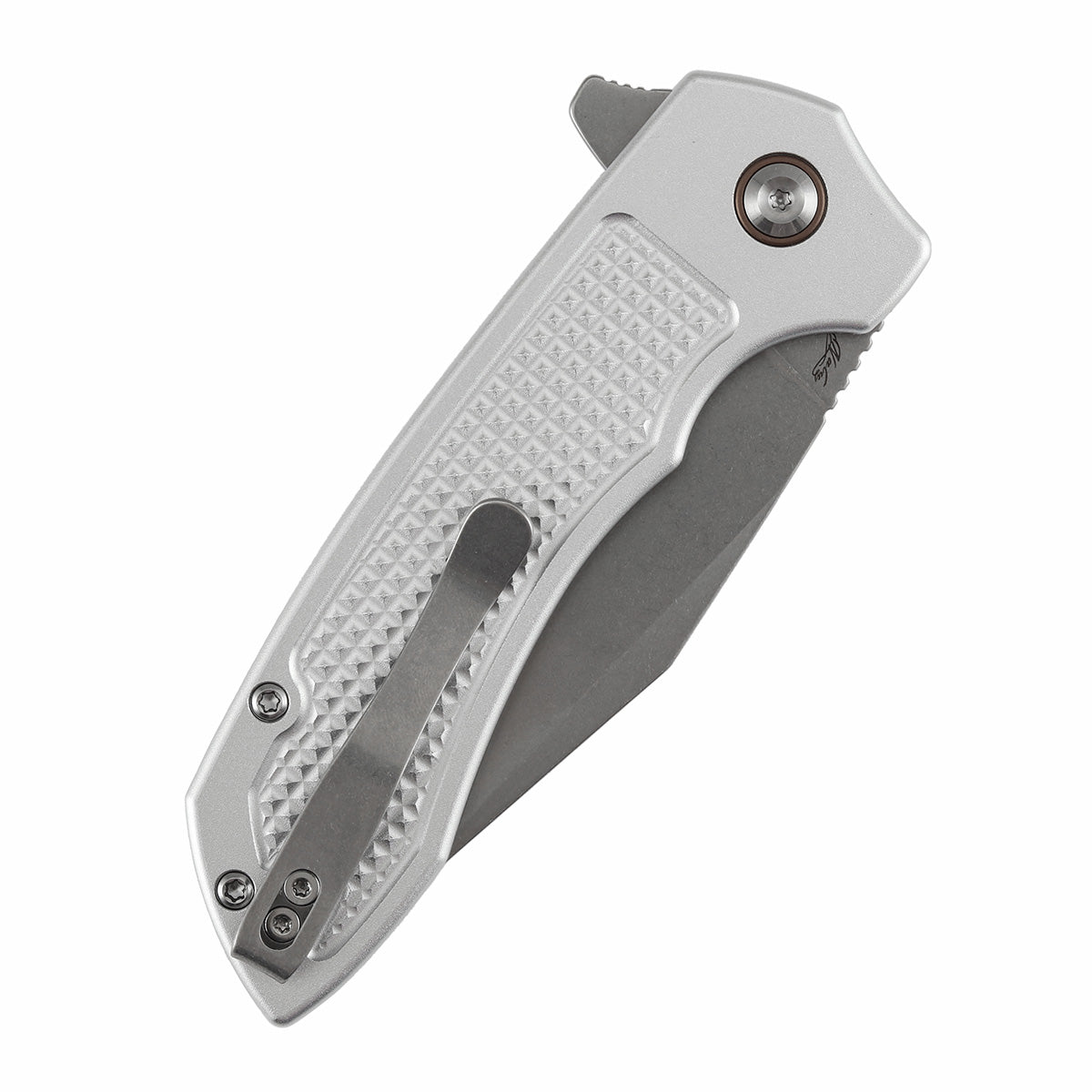 Tenable Entity - Button Lock - 3.52'' Stonewashed 14C28N - Silver Aluminum with Checkered Texture - Nalu Knives - B1036F3