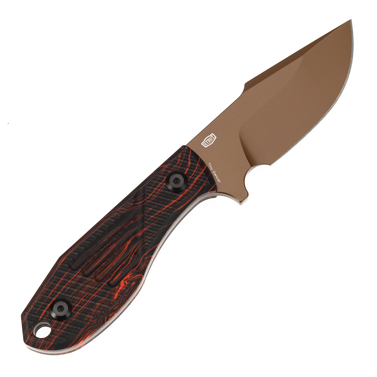 Tenable Tiny Dancer Fixed Blade – Black & Red G-mascus Handle – 3.17" Rose Gold Coated D2 Blade – JB Stout Design – G014A2