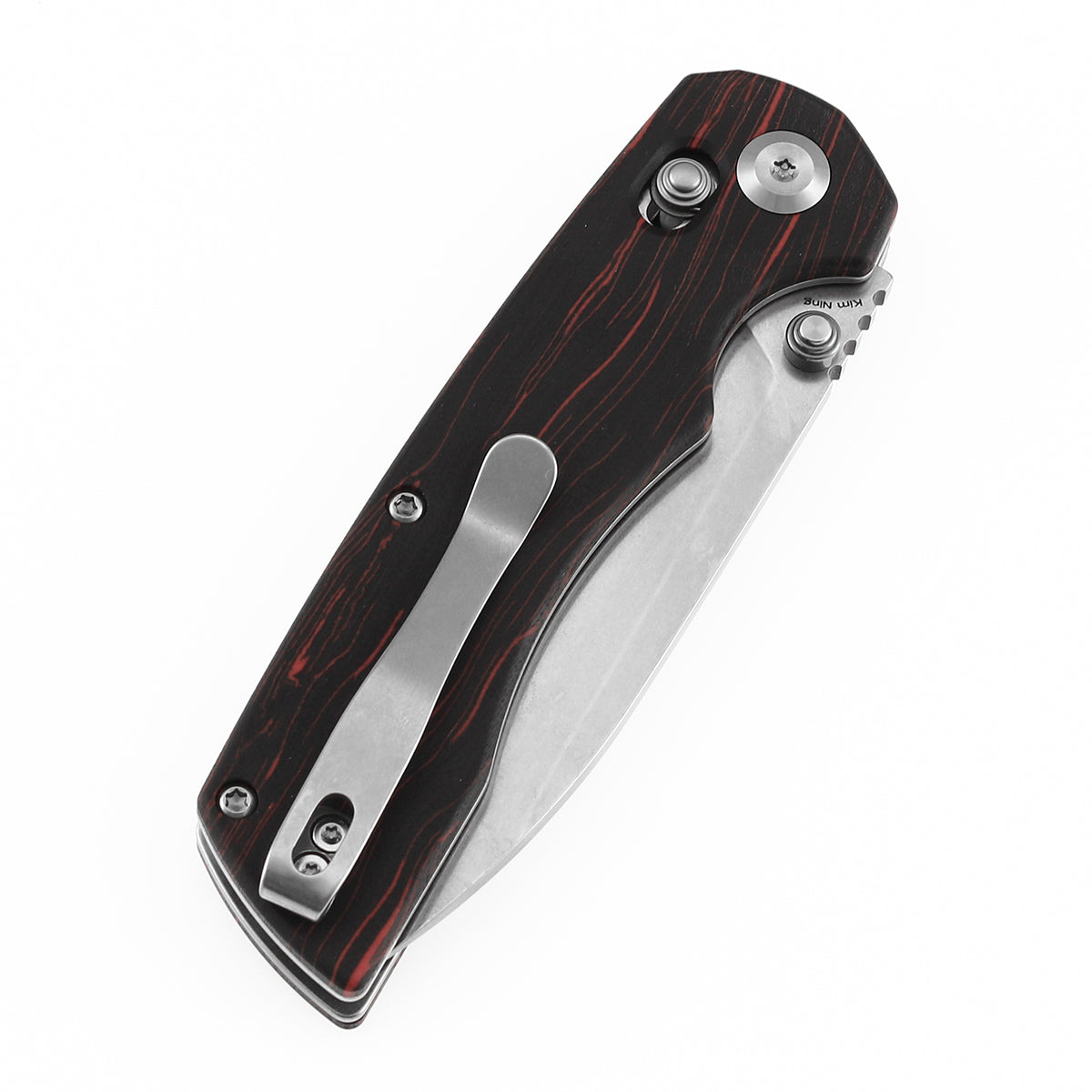 Tenable Kryo Cross Bar Lock | Red & Black G-mascus Handle | 3.58‘’ Stonewashed 14C28N Blade | Kim Ning Design-T1001V11