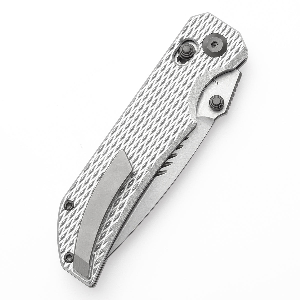 Tenable Eaglestrike Cross Bar Lock Folding Knife Silver Anodized Aluminum with Diamond Pattern Handle (3.73'' Stonewashed Nitro-V Blade) James Lowe Design-T1095V4