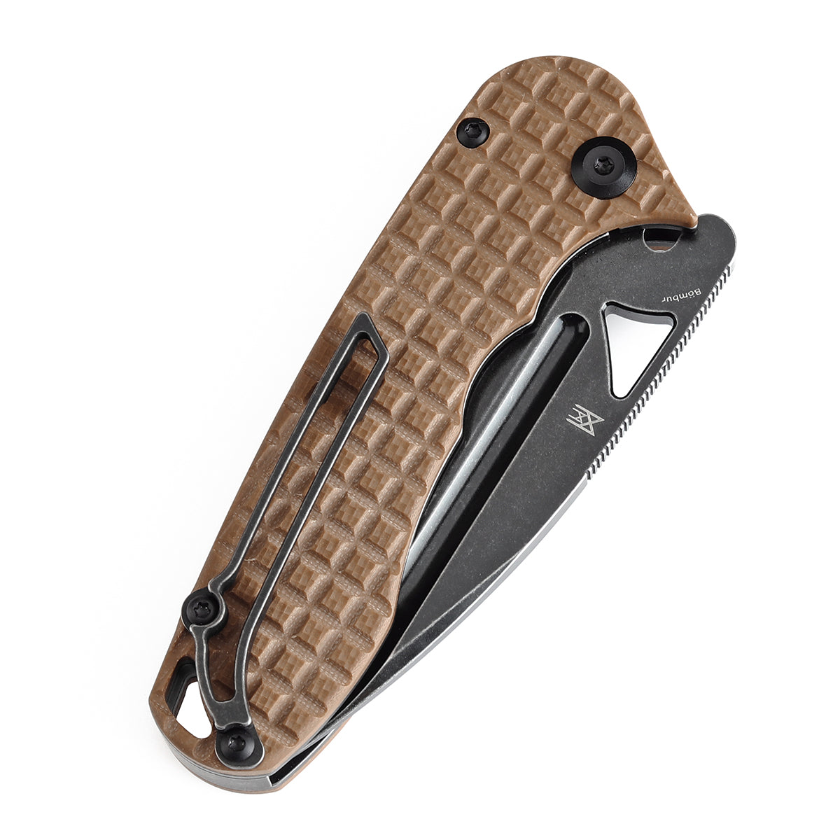 Pre-order: Ships on the Nov. 21st - Tenable Bömbur Folding Knife Brown G10 with Frag Pattern Handle (3.53'' Blackwash D2 Blade) Midgards Messer Design--T1054A2
