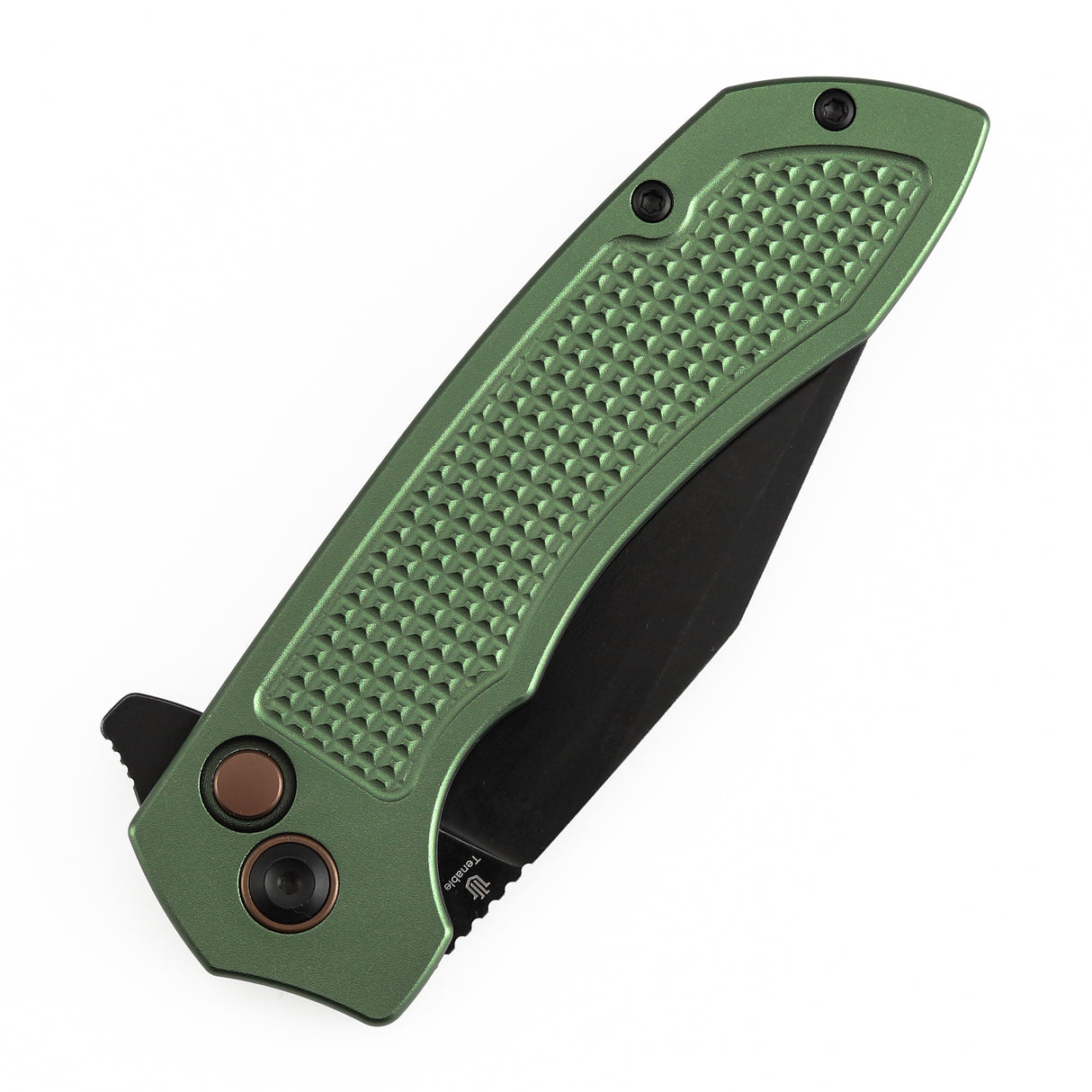 Christmas | Tenable Entity - Button Lock - 3.52'' Blackwash 14C28N - Dark Green Aluminum with Checkered Texture - Nalu Knives - B1036F2