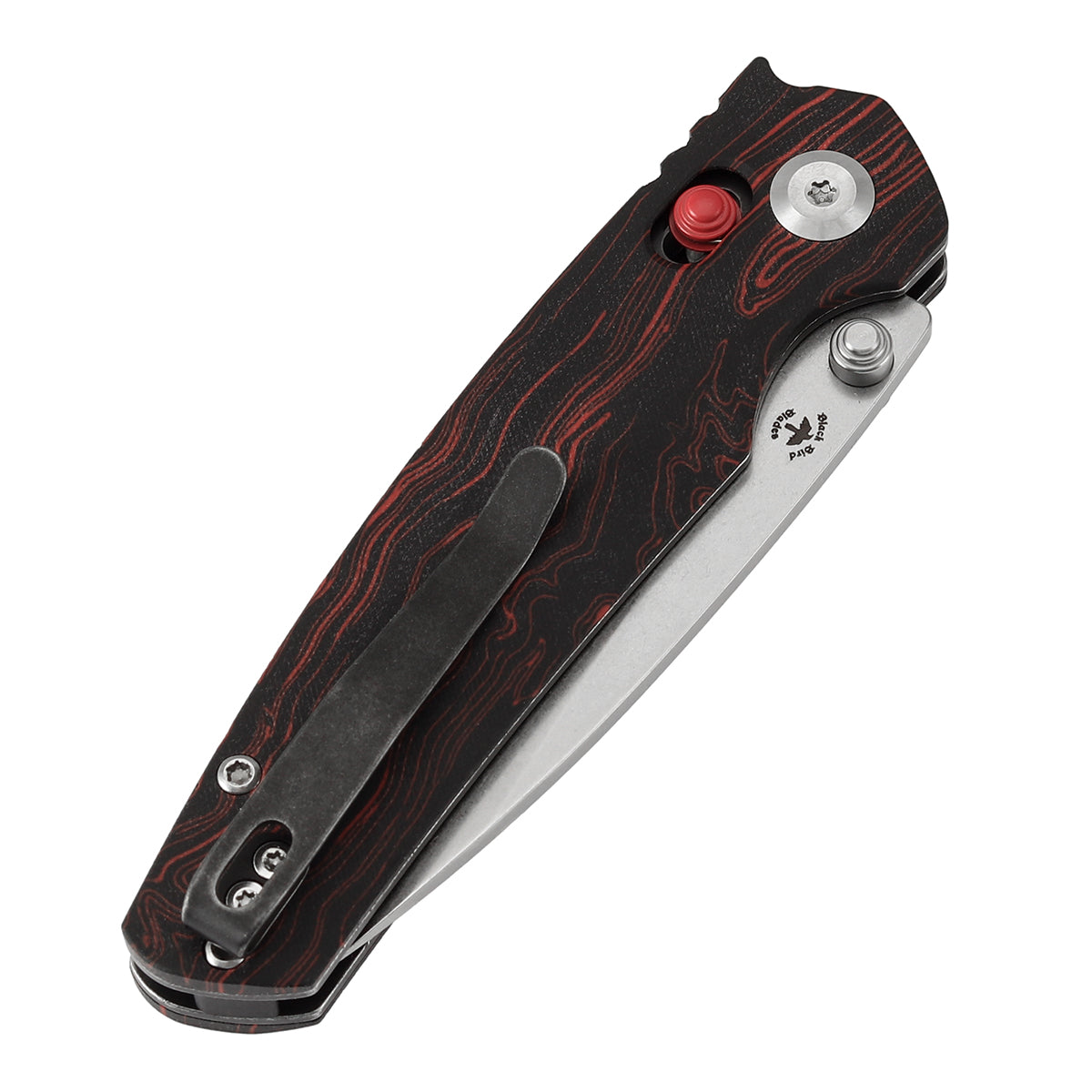 Tenable Raven Cross Bar Lock Folding Knife | 3.14" Stonewashed 14C28N Blade | Red and Black G-mascus Handle | Black Bird Blades Design -T2109V3
