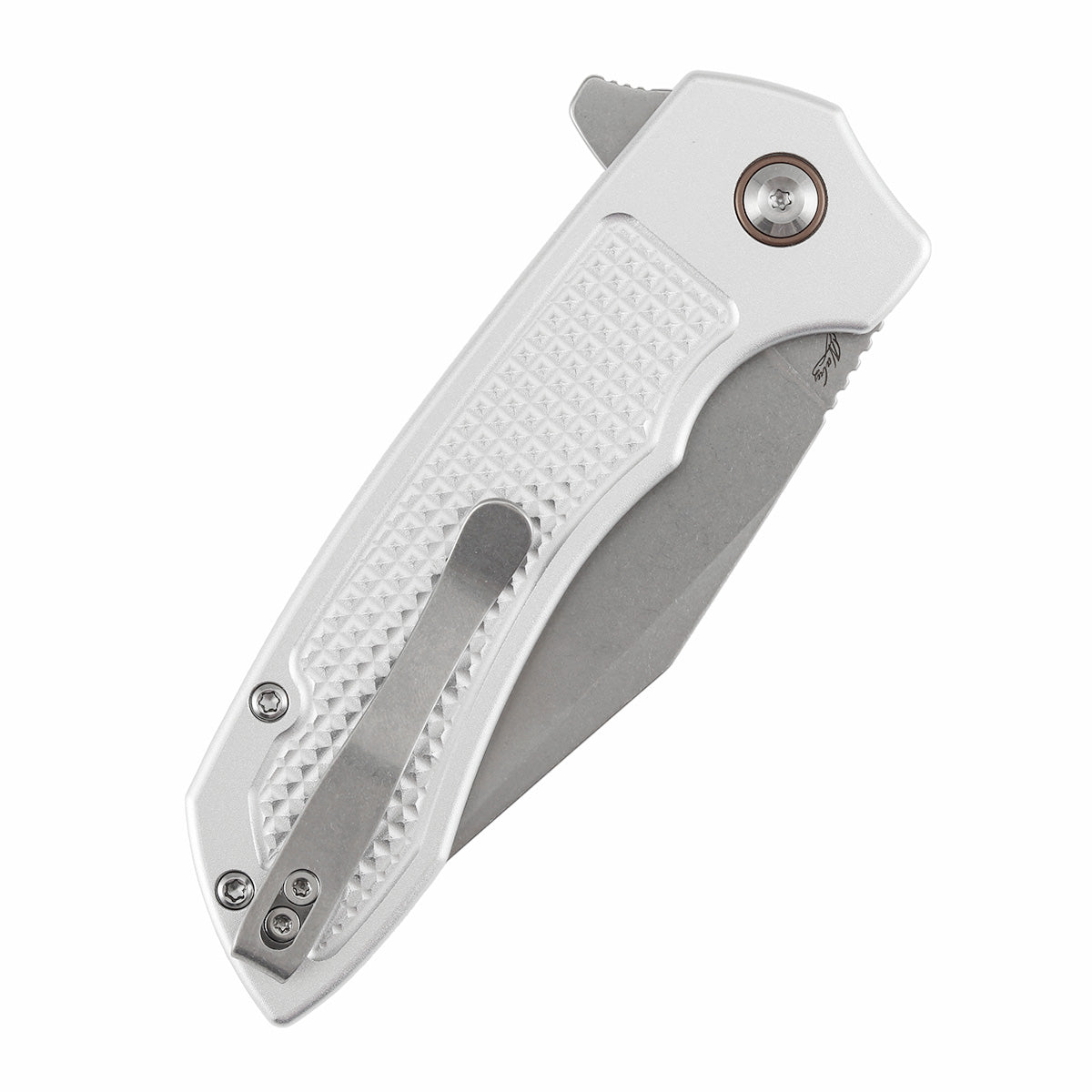 Tenable Entity - Button Lock - 3.52'' Stonewashed 14C28N - Silver Aluminum with Checkered Texture - Nalu Knives Design - B1036F3