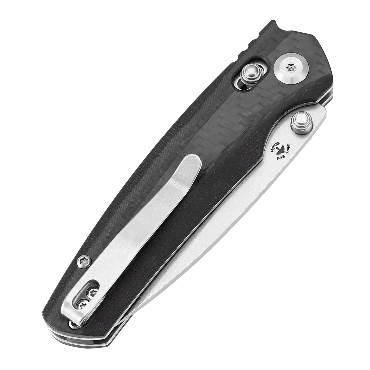 Tenable Raven Cross Bar Lock Folding Knife | 3.14" Stonewashed 14C28N Blade | Twill Carbon Fiber Handle | Black Bird Blades Design -T2109V1