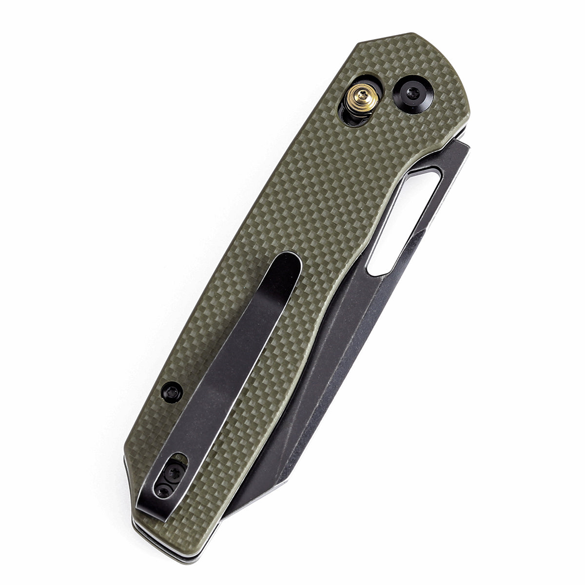 Tenable Shard Cross Bar Lock Olive Green G10 Handle (3.47'' Blackwash 14C28N Blade) Kim Ning Design-T1006V3