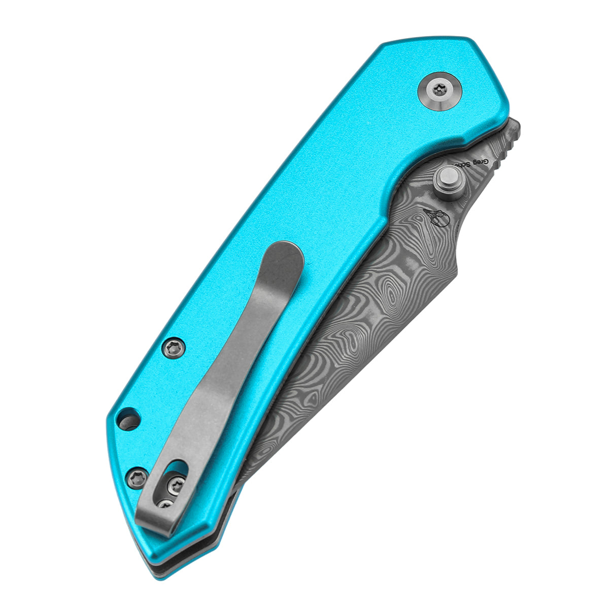 Tenable Fenrir Top Liner Lock Folding Knife|  3.4“ Damascus Blade | Blue Aluminum Handle | Sparrow Knife Design | B1034H8