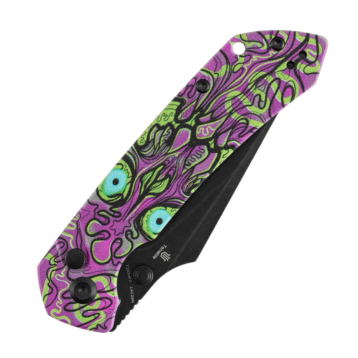 Fenrir Button Lock Knife | Jade G10 with Purple Undead Print Handle | 3.45" Blackwash 14C28N Blade| Sparrow Knife Design | T1034F7