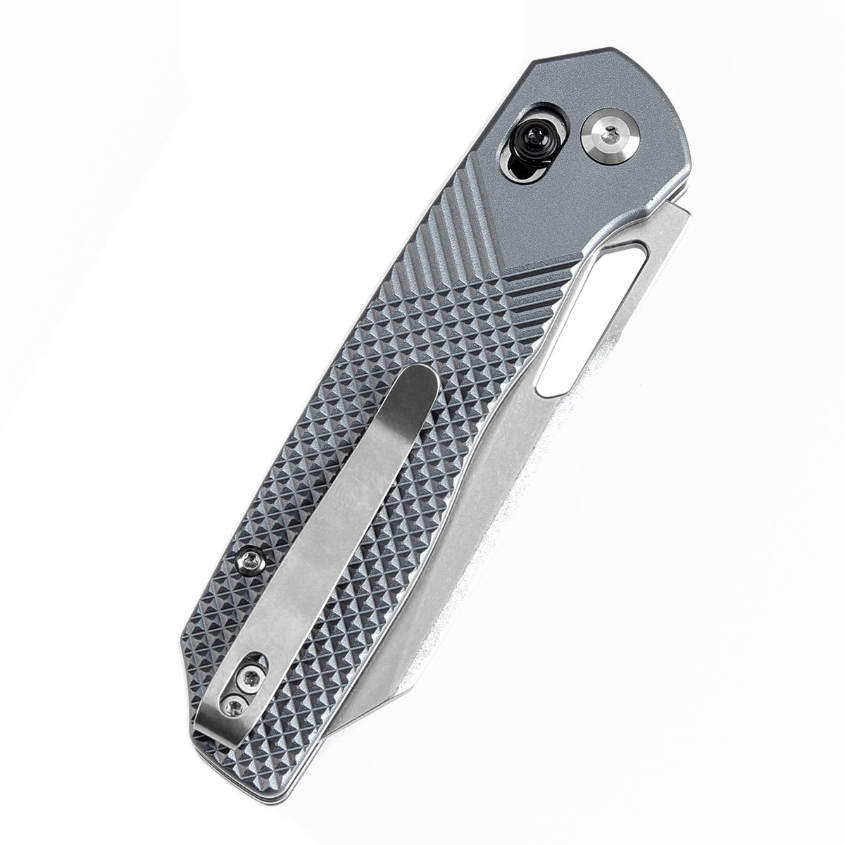 Tenable Shard Cross Bar Lock Gray Aluminum with diamond pattern Handle (3.47'' Stonewashed 14C28N Blade) Kim Ning Design-T1006V4