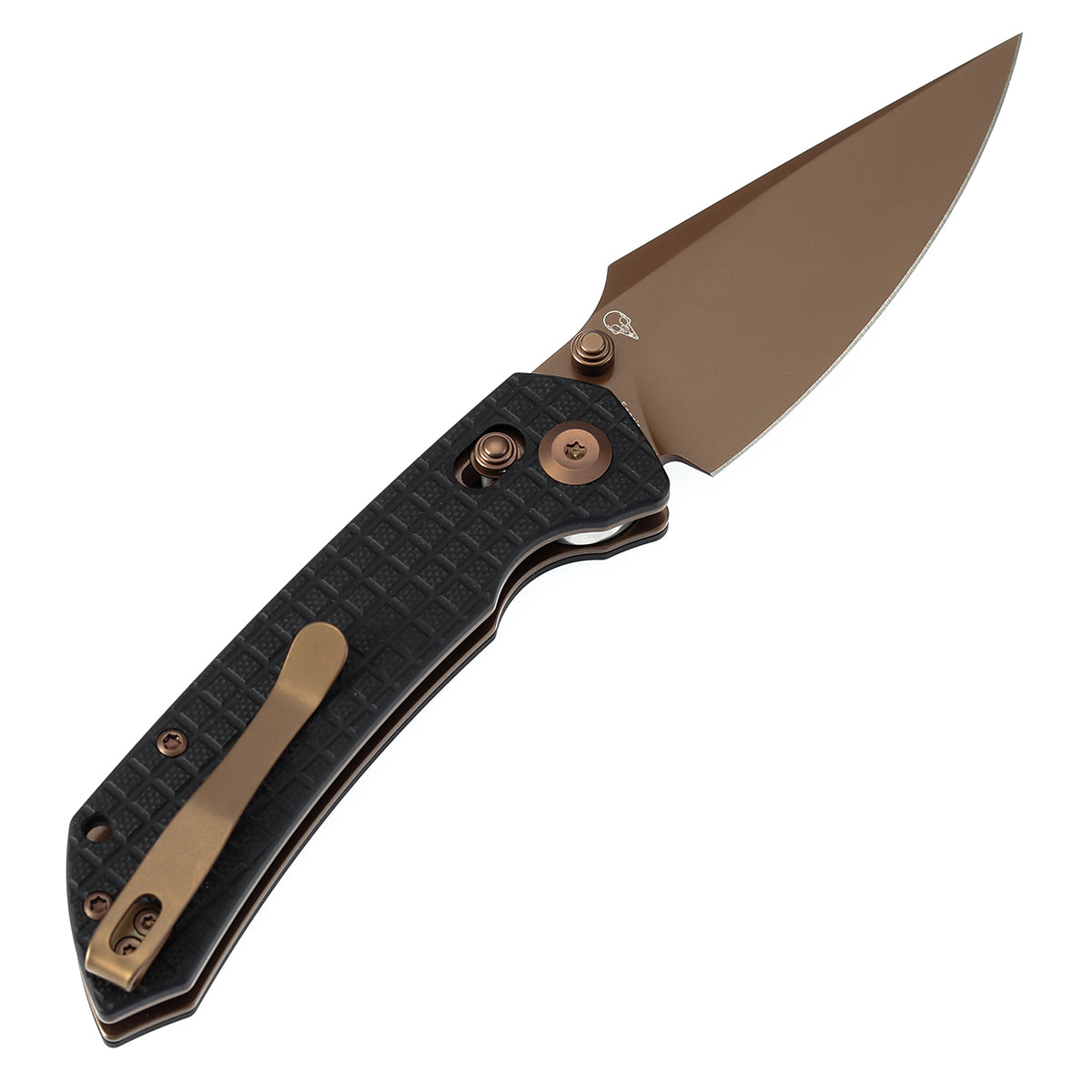 Tenable Fenrir Cross Bar Lock Folding Knife| Black G10 with Frag Pattern| 3.48" Rose Gold Coated Nitro-V Blade | Sparrow Knife Design | T1034V8