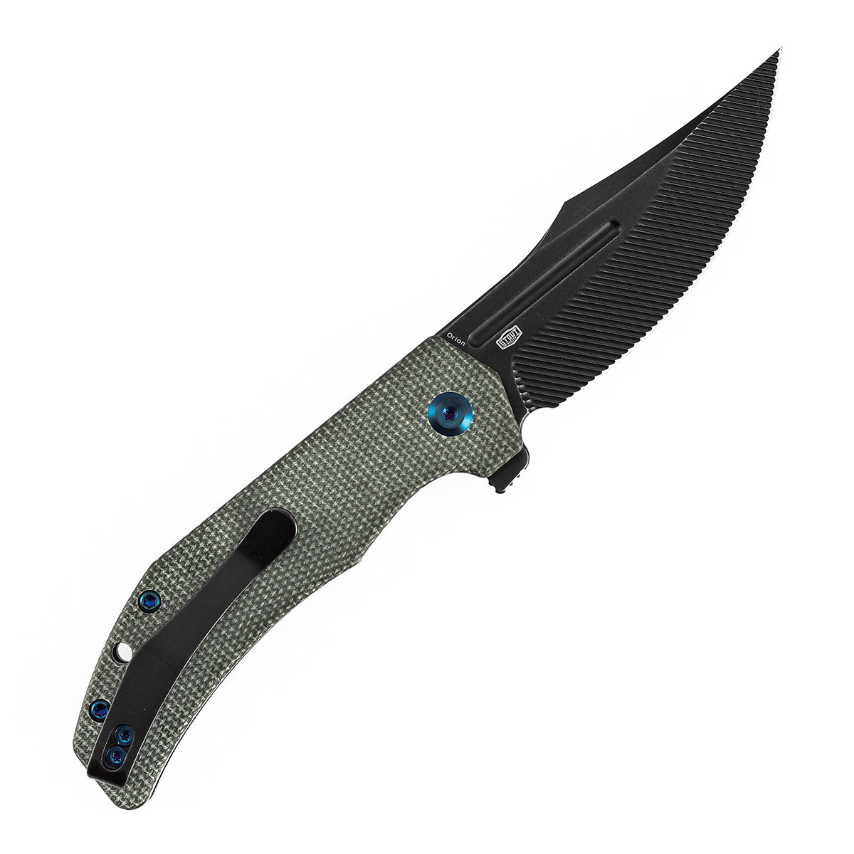 Orion Flipper Folding Knife | Green Micarta Handle | 3.07" Blackwash Nitro V with CNC Milling Blade | JB Stout Design | B1089C4