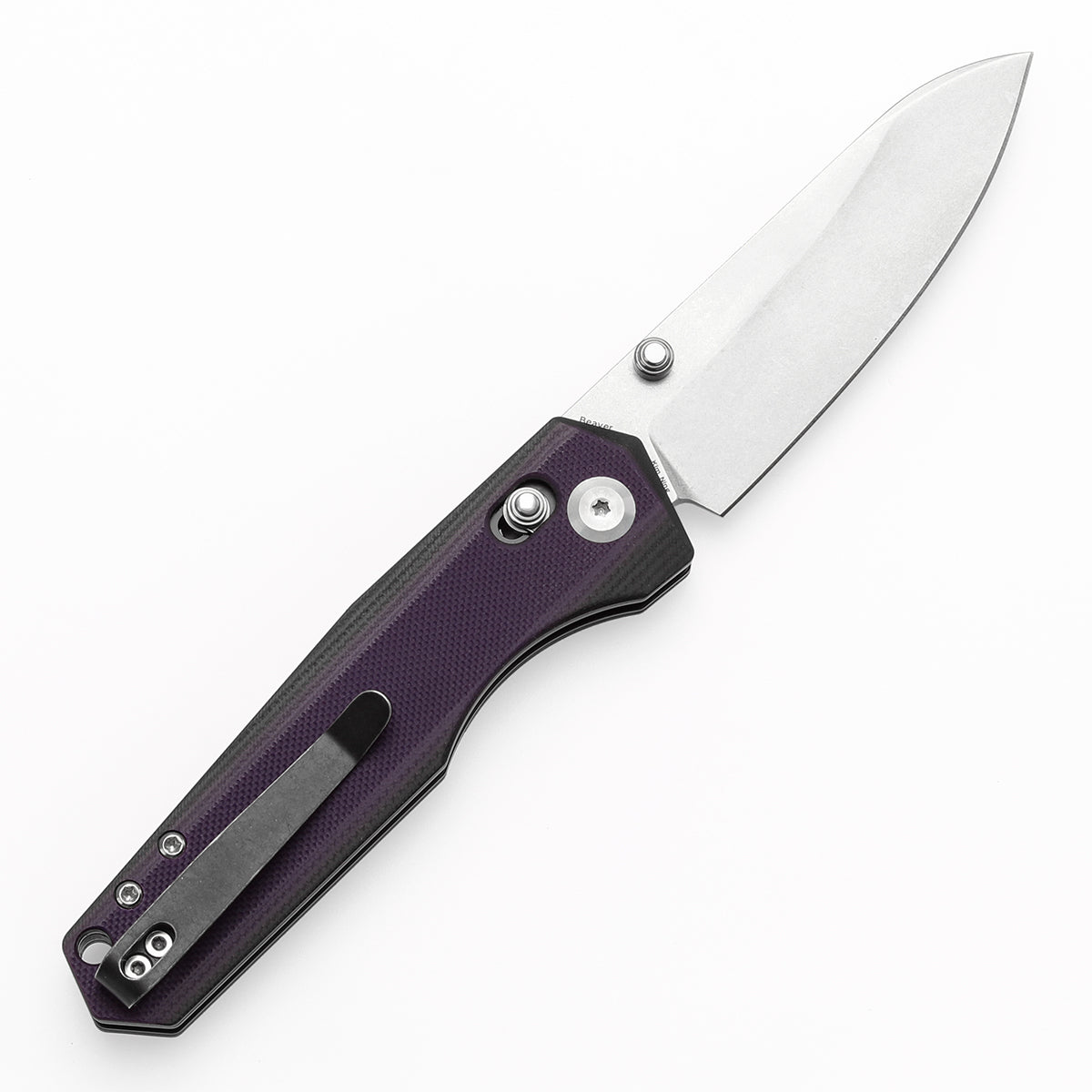Tenable Beaver Cross Bar Lock Folding Knife Purple and Black G10 Handle (3.44'' Stonewashed Nitro-V Blade) Kim Ning Design-T1105V1