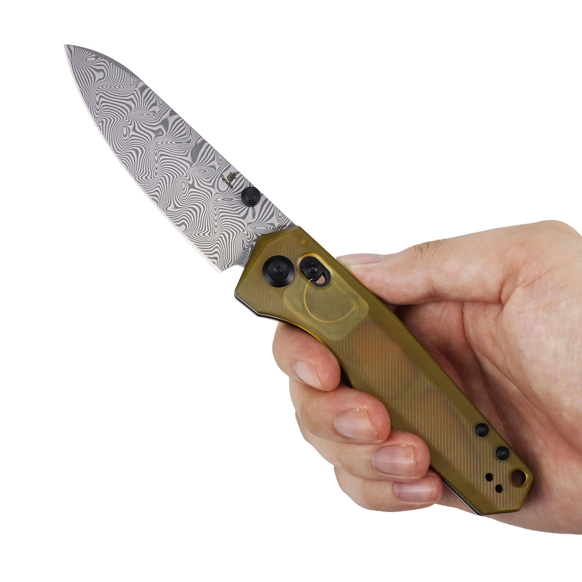 Tenable Beaver CrossBar Folding Knife | 3.44'' Water Ripple Damascus Blade | Amber PEI/Ultem Handle | Kim Ning Design-T1105V6