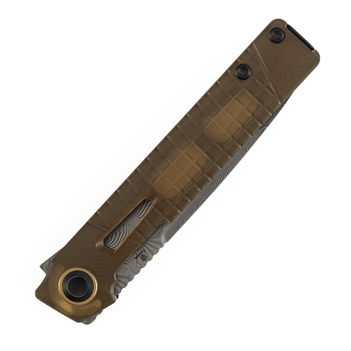 Tenable Kitpu Folding Knife | 2.9'' Water Ripple Damascus Blade | Amber PEI/Ultem with Frag Pattern Handle | Jonathan Styles Design - B2123A5
