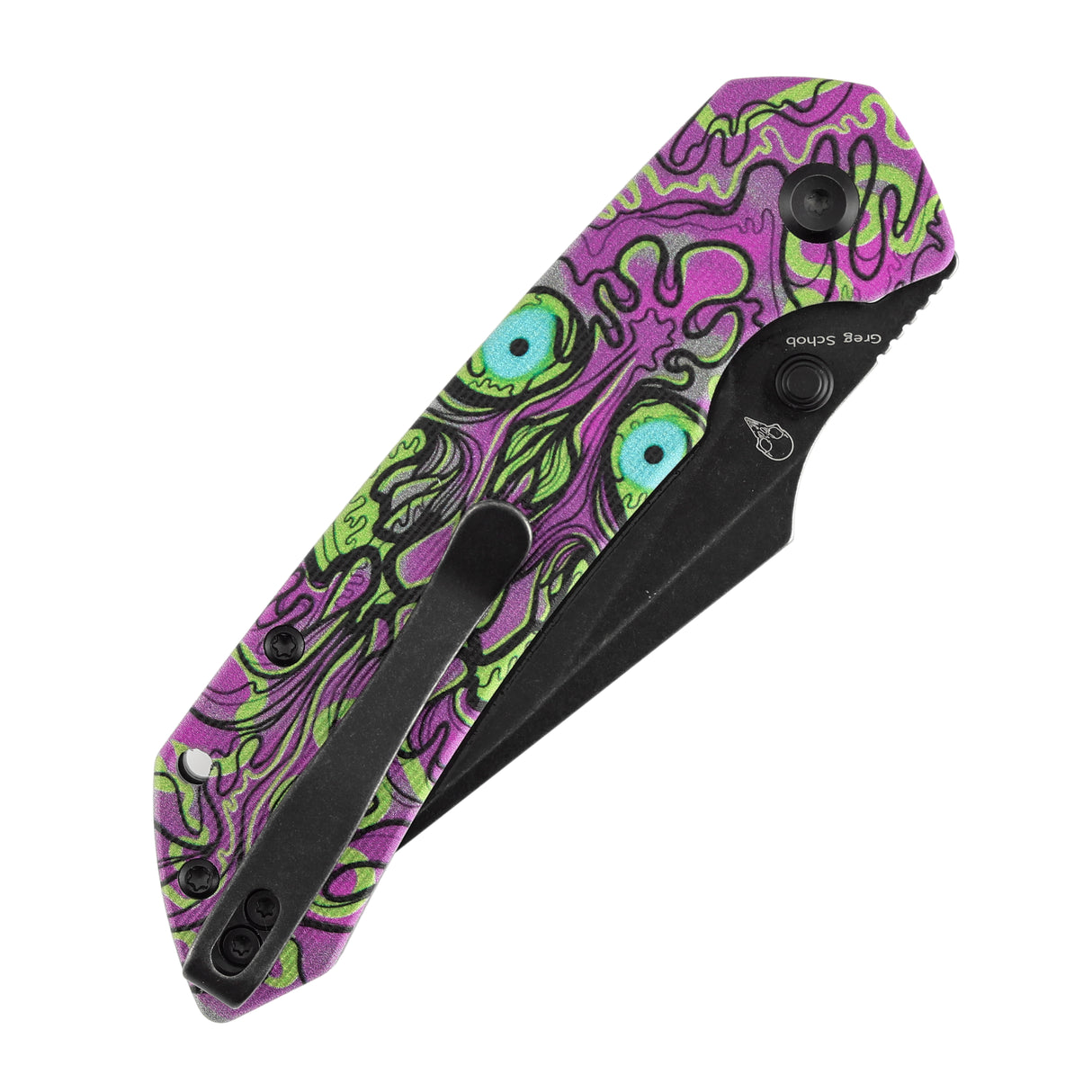 Fenrir Button Lock Knife | Jade G10 with Purple Undead Print Handle | 3.45" Blackwash 14C28N Blade| Sparrow Knife Design | T1034F7