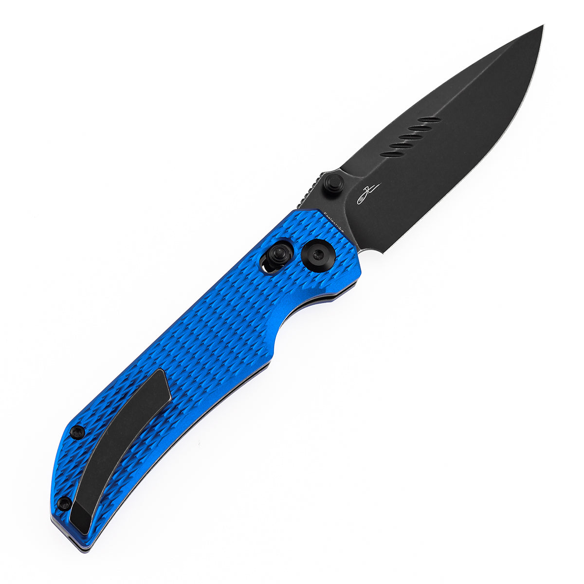Tenable Eaglestrike | Cross Bar Lock | 3.73'' Black Stonewashed Nitro V Blade | Blue Anodized Aluminum with Diamond Pattern Handle | James Lowe Design-B1095V6