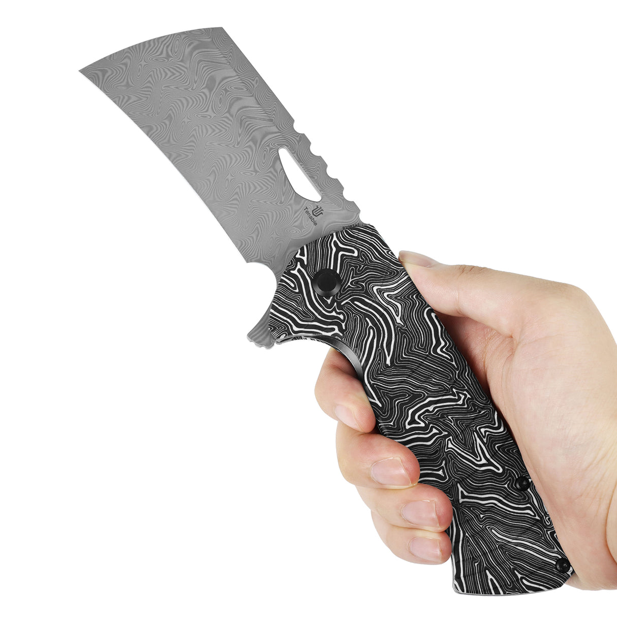 Tenable Leviathan Folding knife | 3.9" Water Ripple Damascus Blade | Black & White G-mascus Handle | Warhawk Knives Design - B1083A2