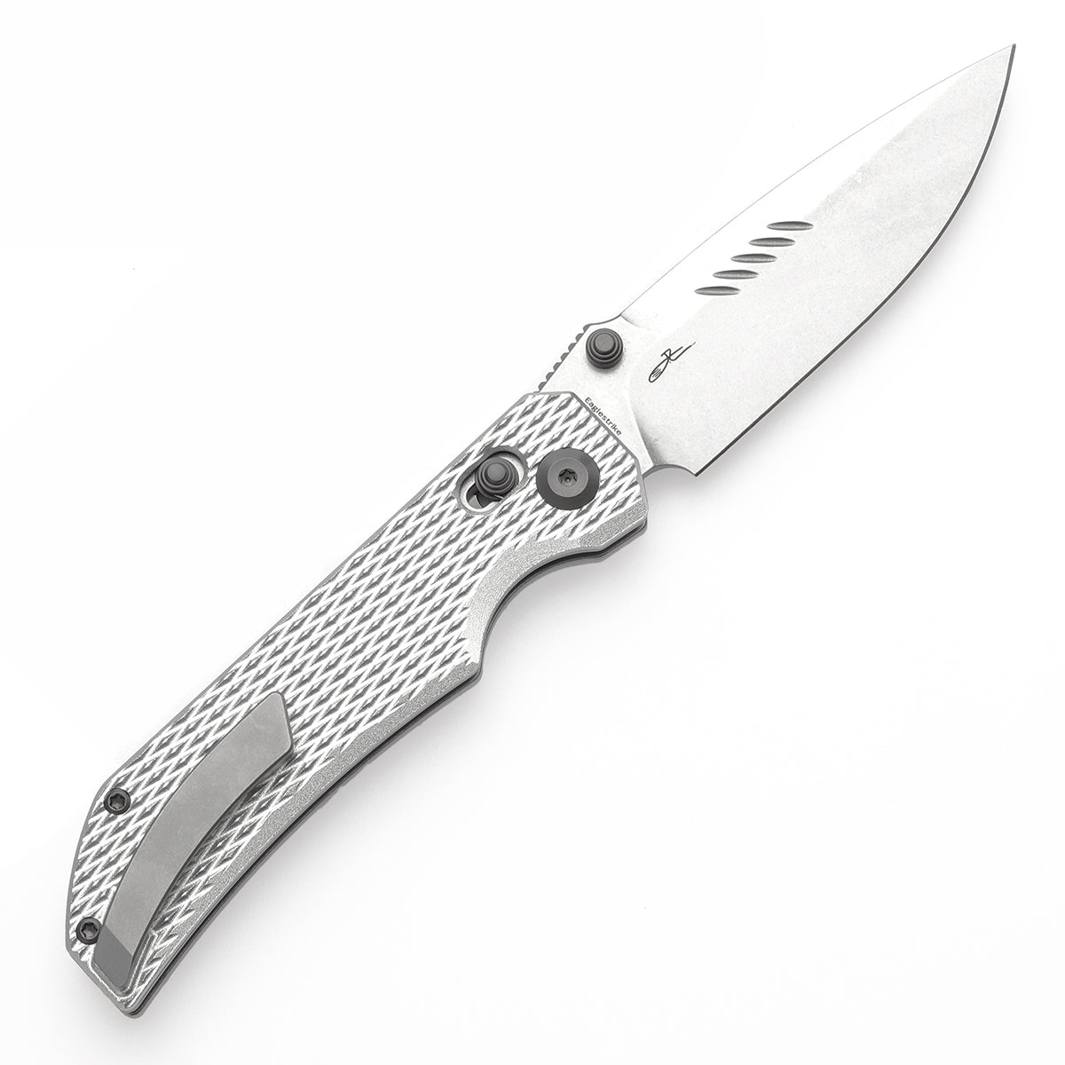 Tenable Eaglestrike Cross Bar Lock Folding Knife Silver Anodized Aluminum with Diamond Pattern Handle (3.73'' Stonewashed Nitro-V Blade) James Lowe Design-T1095V4