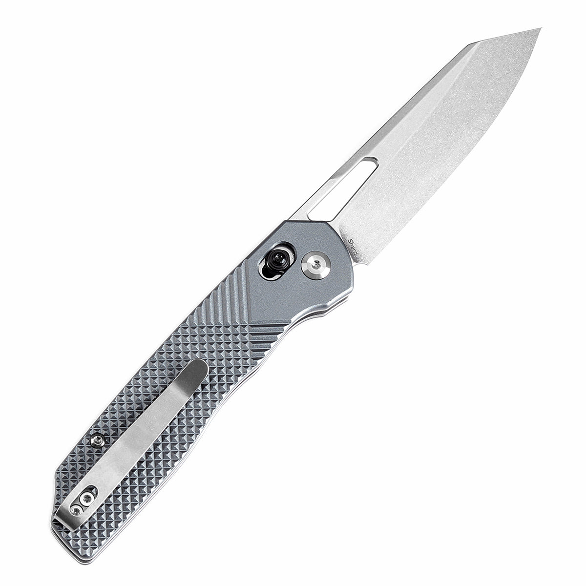 Tenable Shard Cross Bar Lock Gray Aluminum with diamond pattern Handle (3.47'' Stonewashed 14C28N Blade) Kim Ning Design-T1006V4