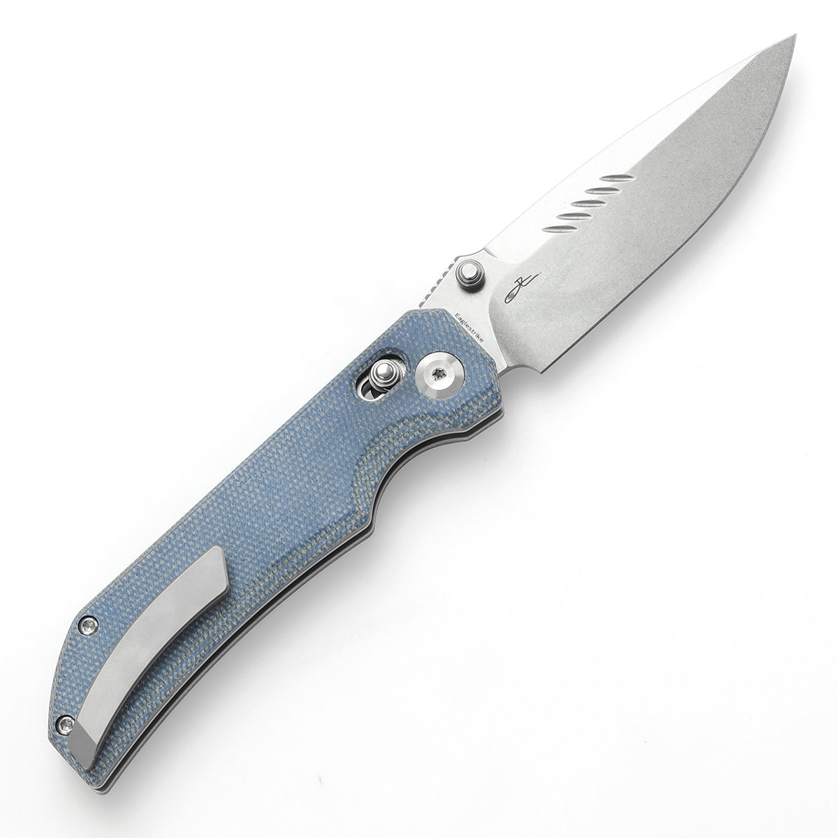 Tenable Eaglestrike Cross Bar Lock Folding Knife Blue Micarta Handle (3.73'' Stonewashed Nitro-V Blade) James Lowe Design-T1095V2
