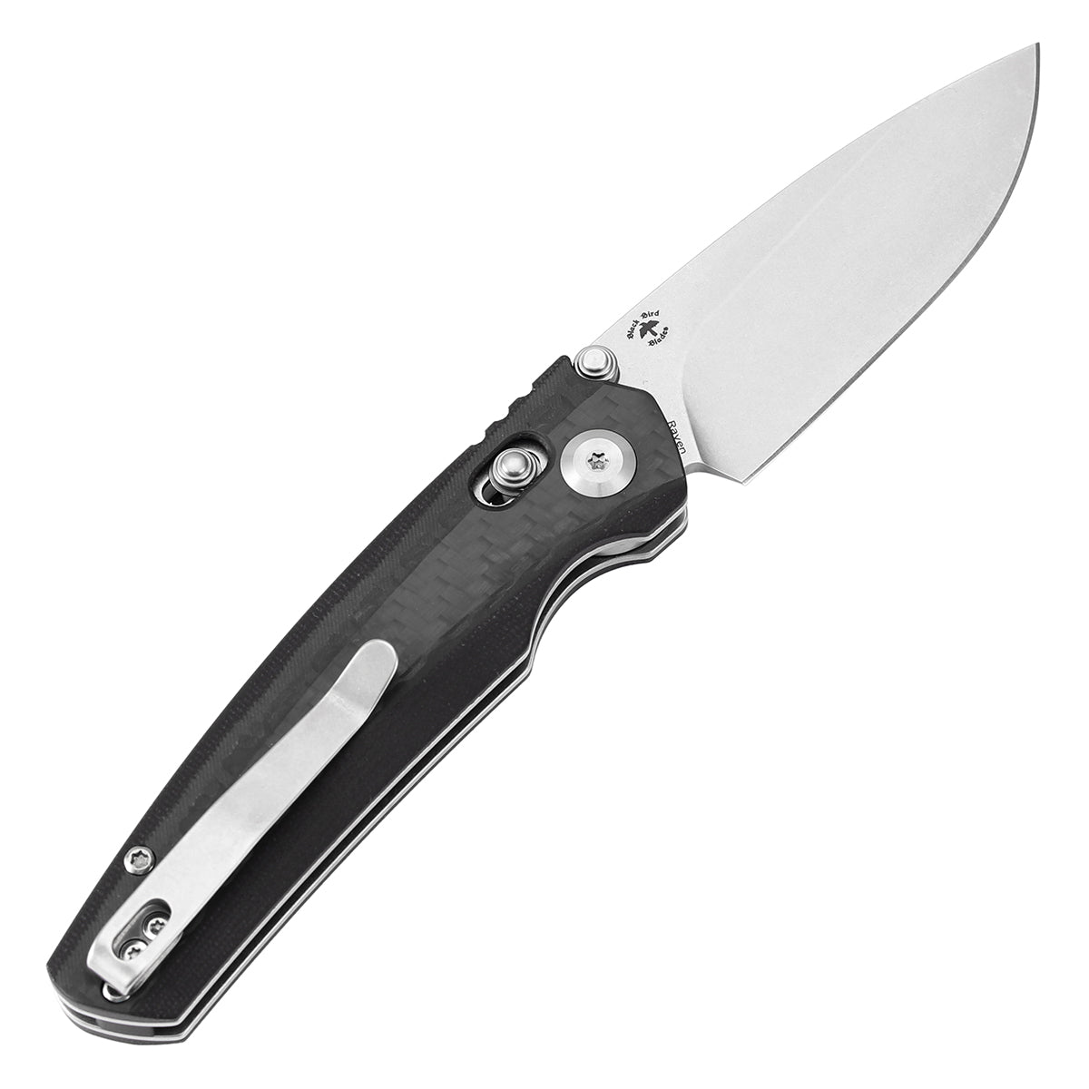 Tenable Raven Cross Bar Lock Folding Knife | 3.14" Stonewashed 14C28N Blade | Twill Carbon Fiber Handle | Black Bird Blades Design -T2109V1