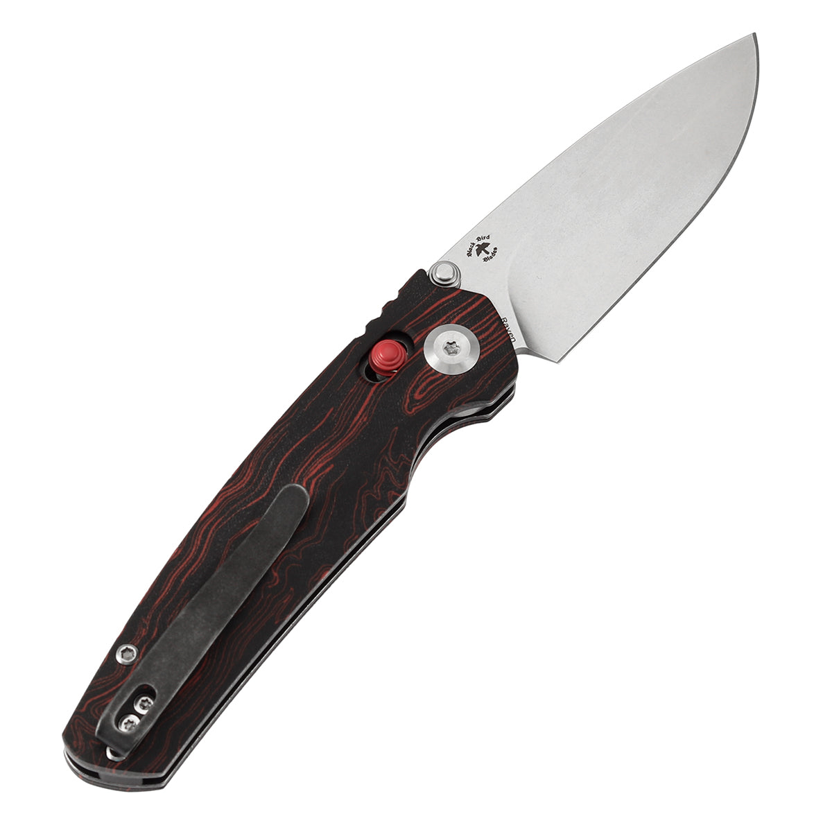 Tenable Raven Cross Bar Lock Folding Knife | 3.14" Stonewashed 14C28N Blade | Red and Black G-mascus Handle | Black Bird Blades Design -T2109V3
