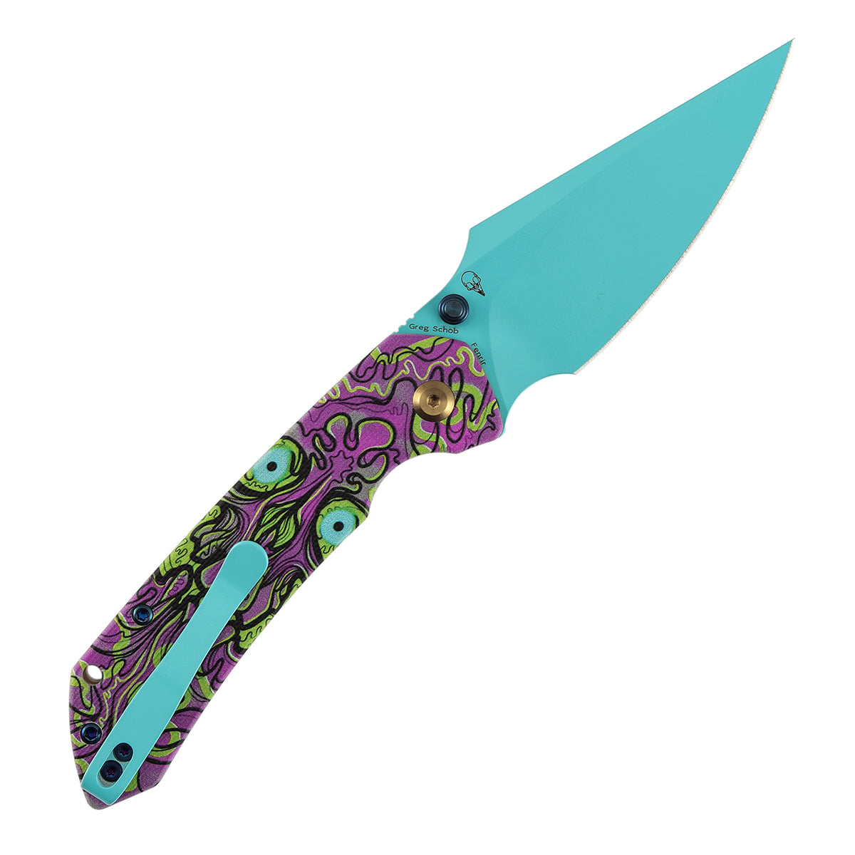 Fenrir Button Lock Knife | Jade G10 with Purple Undead Print Handle | 3.45" Blue Coated 14C28N Blade| Sparrow Knife Design | T1034F9