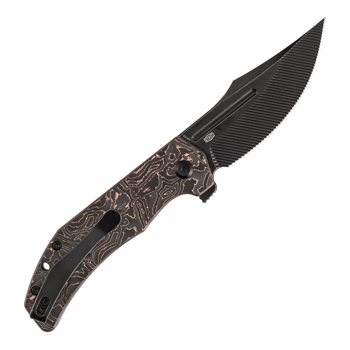 Orion Flipper Folding Knife | Copper Carbon Fiber Handle | 3.07" Blackwash Nitro V with CNC Milling Blade | JB Stout Design | B1089C3