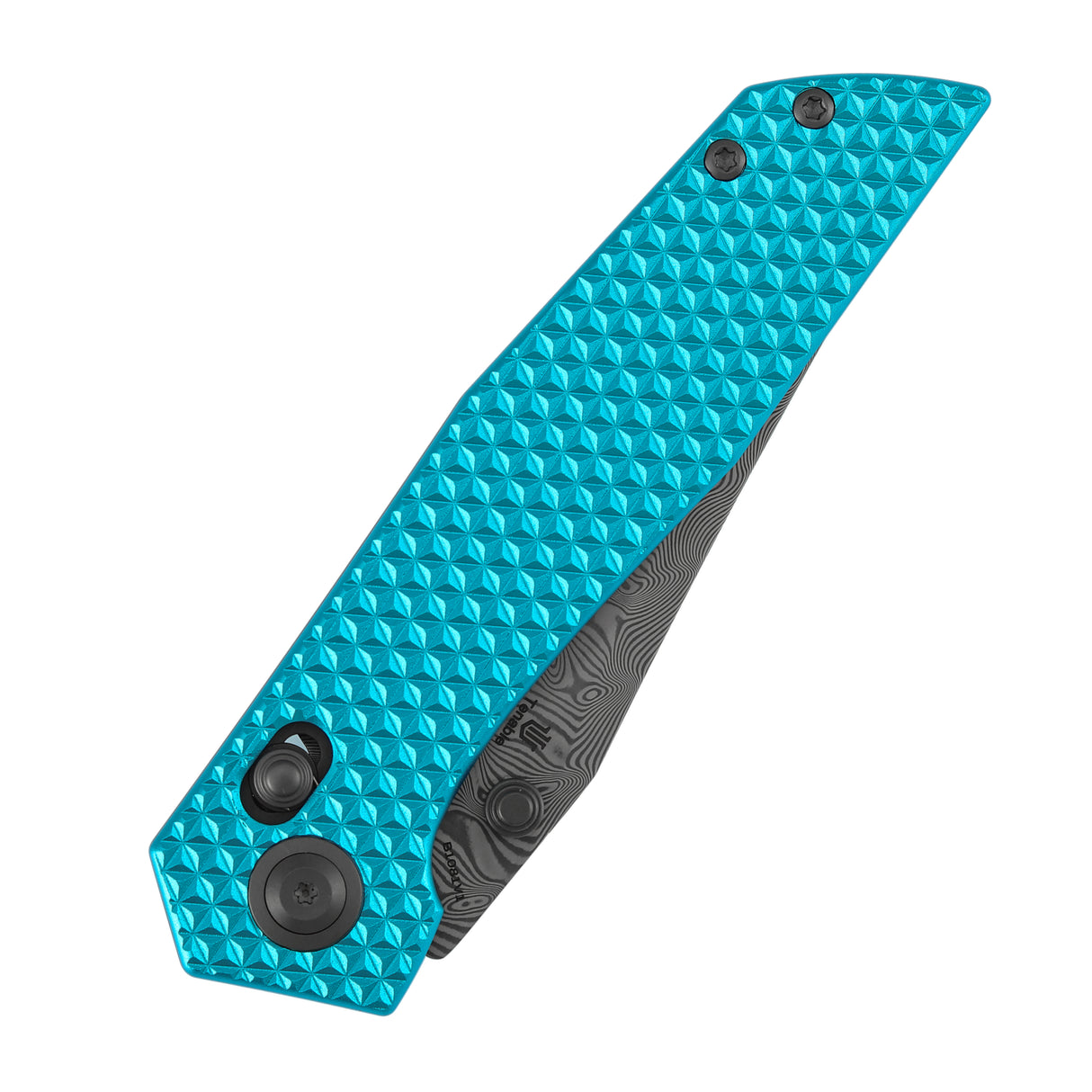 Tenable Deadite Cross Bar Lock Knife | 3.52" Water Ripple Damascus Blade | Light Blue Anodized Aluminum Handle | TuffKnives Design - B1081V1