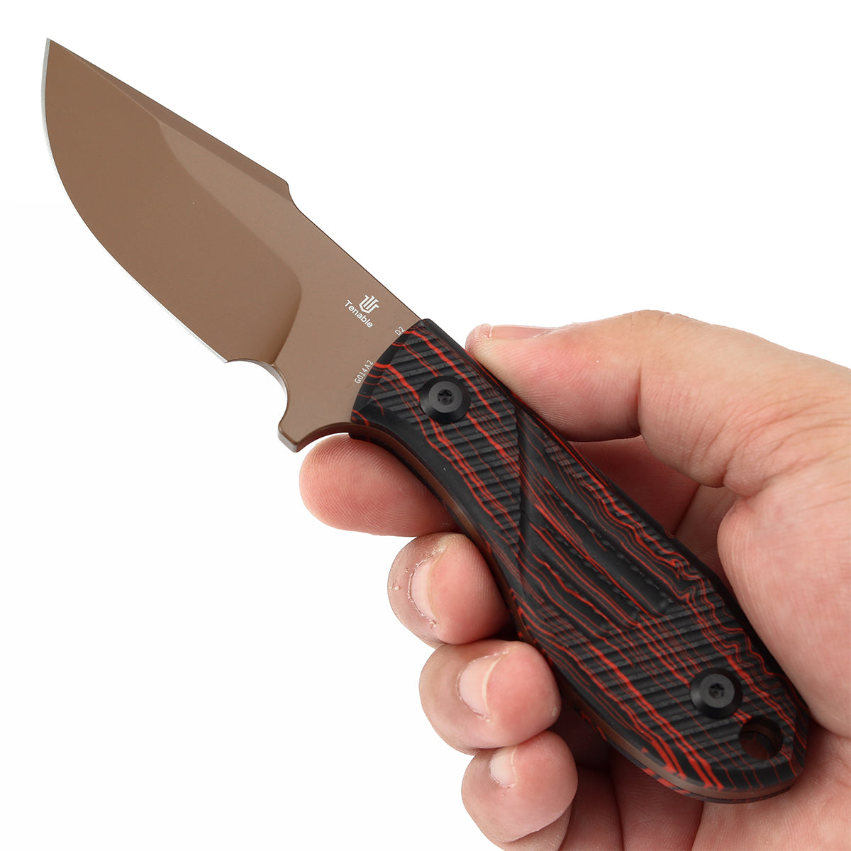 Tenable Tiny Dancer Fixed Blade – Black & Red G-mascus Handle – 3.17" Rose Gold Coated D2 Blade – JB Stout Design – G014A2