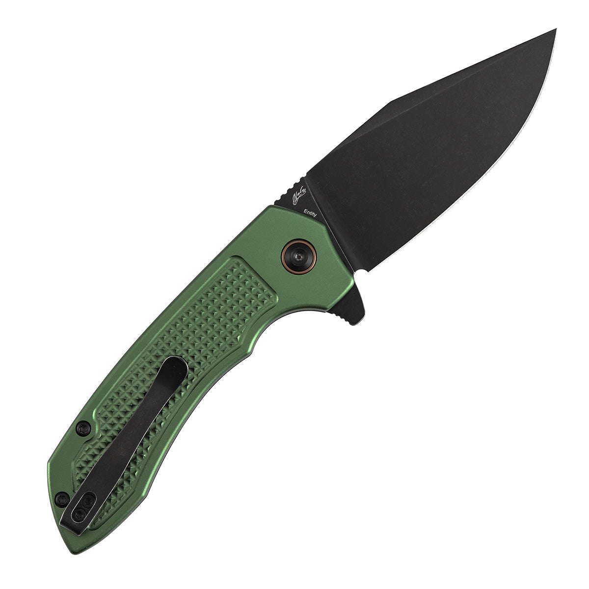 Christmas | Tenable Entity - Button Lock - 3.52'' Blackwash 14C28N - Dark Green Aluminum with Checkered Texture - Nalu Knives Design- B1036F2