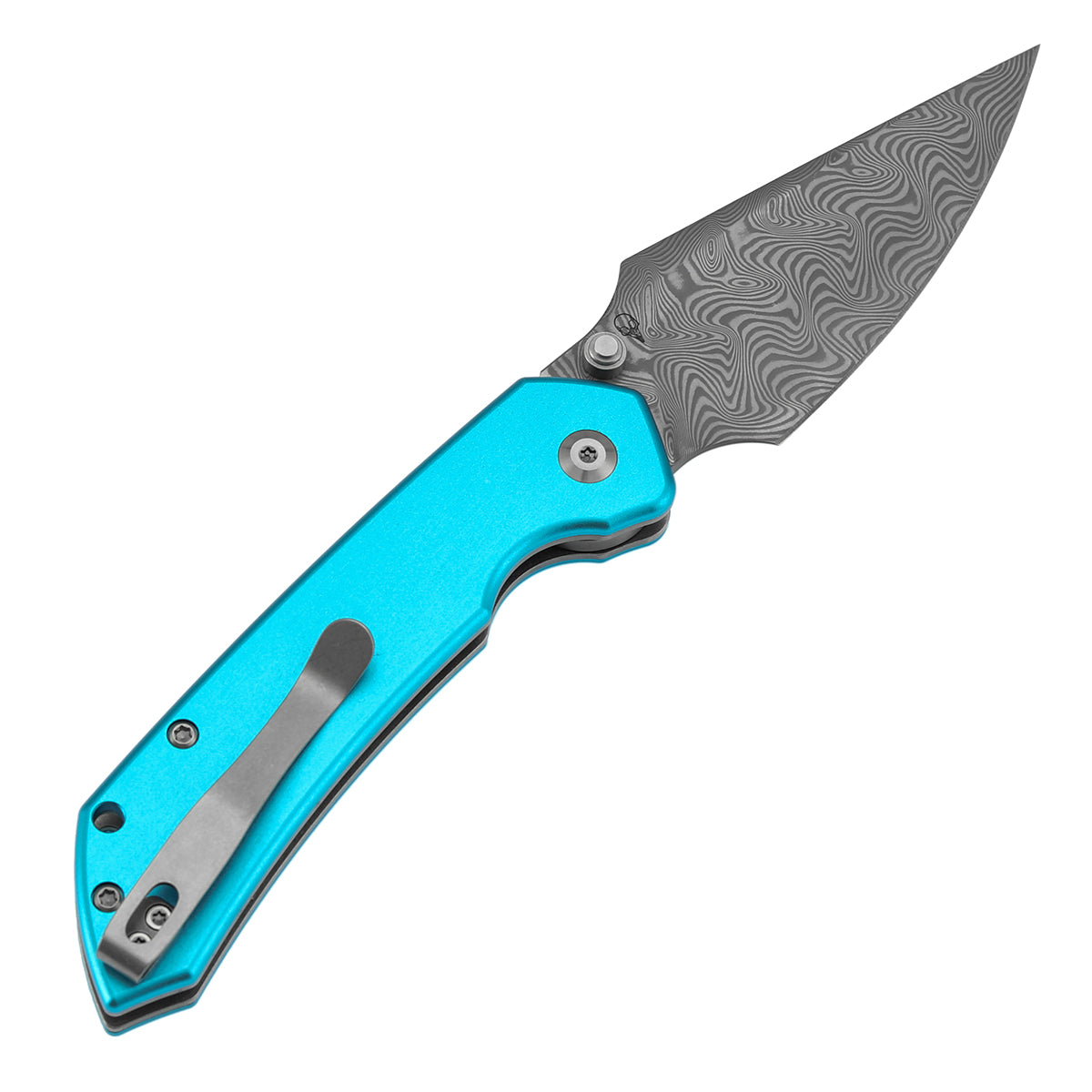 Tenable Fenrir Top Liner Lock Folding Knife|  3.4“ Damascus Blade | Blue Aluminum Handle | Sparrow Knife Design | B1034H8