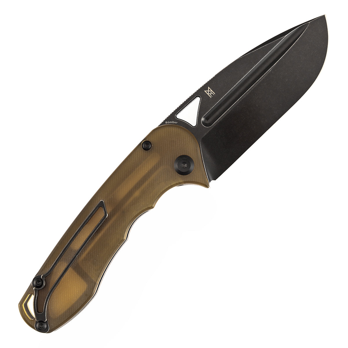 Pre-order: Ships on the Nov. 21st -Tenable Bömbur Folding Knife Amber PEI Handle (3.53'' Blackwashed Blade) Midgards Messer Design--T1054A7