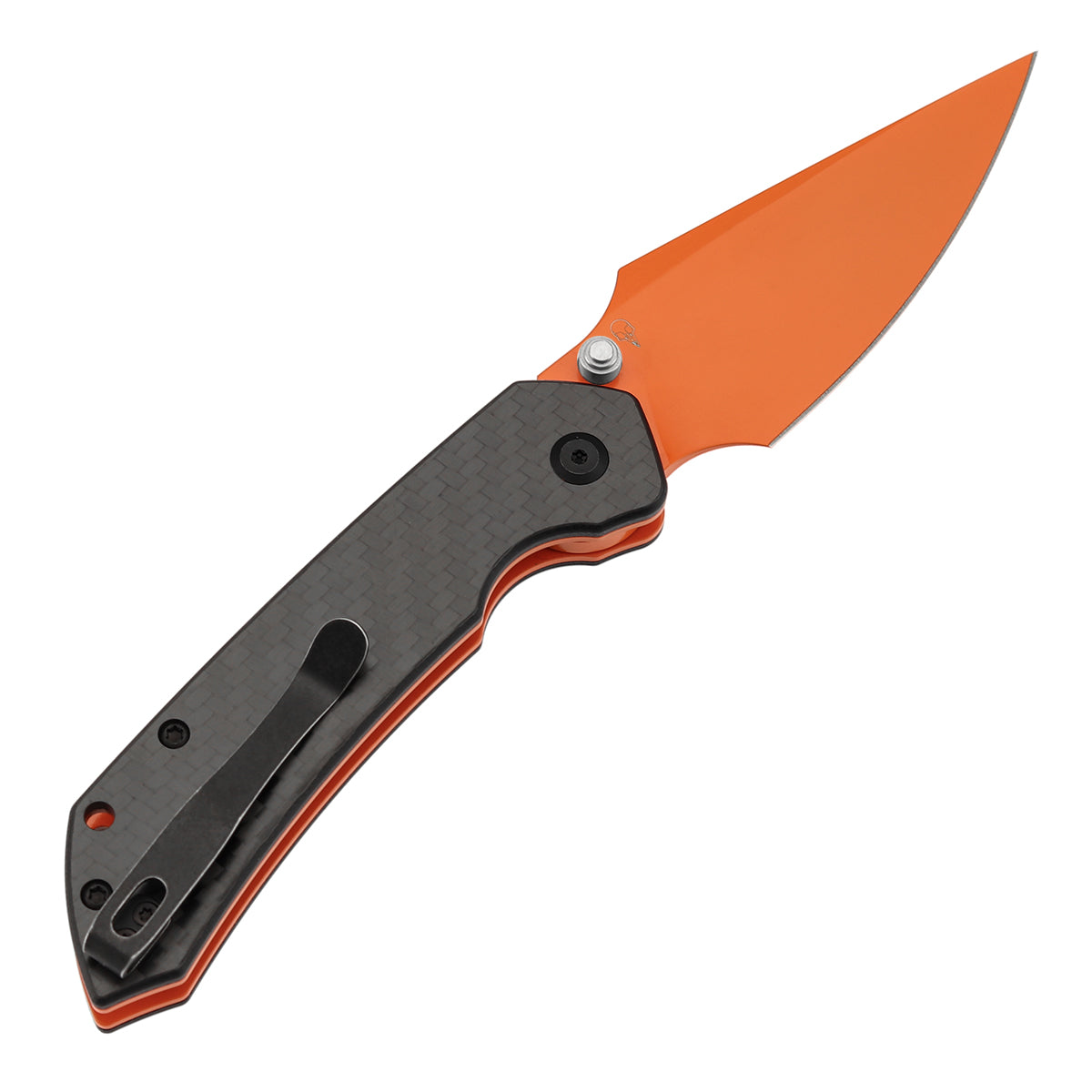 Tenable Fenrir Top Liner Lock Folding Knife| Twill Carbon Fiber Handle | 3.48“ Orange Coated Nitro V Blade | Sparrow Knife Design | B1034H5 (Stainless Steel Thumb Stud)