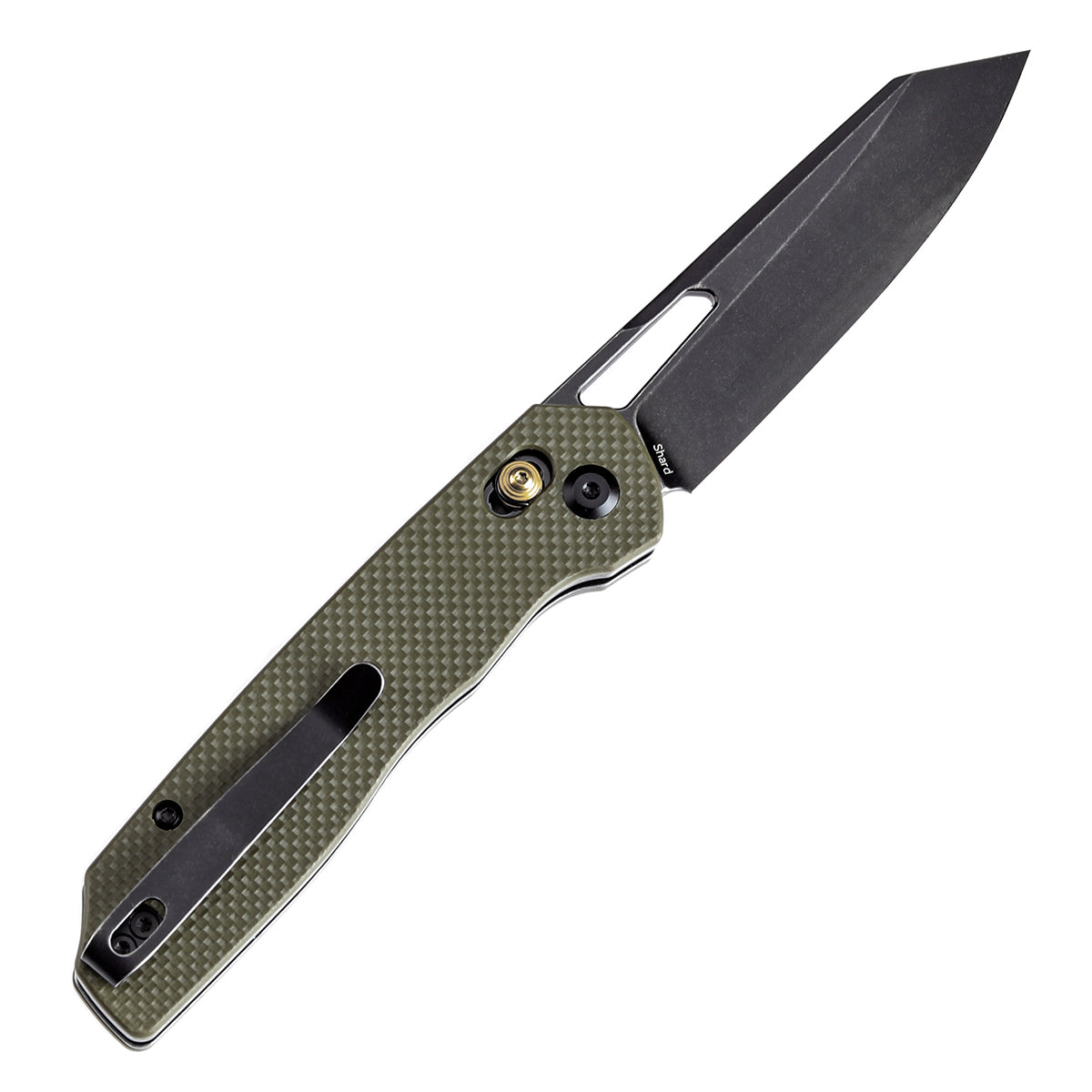 Tenable Shard Cross Bar Lock Olive Green G10 Handle (3.47'' Blackwash 14C28N Blade) Kim Ning Design-T1006V3