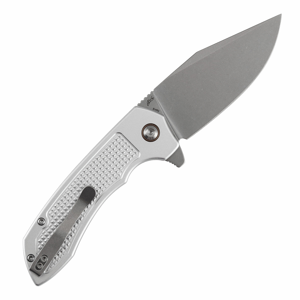 Tenable Entity - Button Lock - 3.52'' Stonewashed 14C28N - Silver Aluminum with Checkered Texture - Nalu Knives - B1036F3