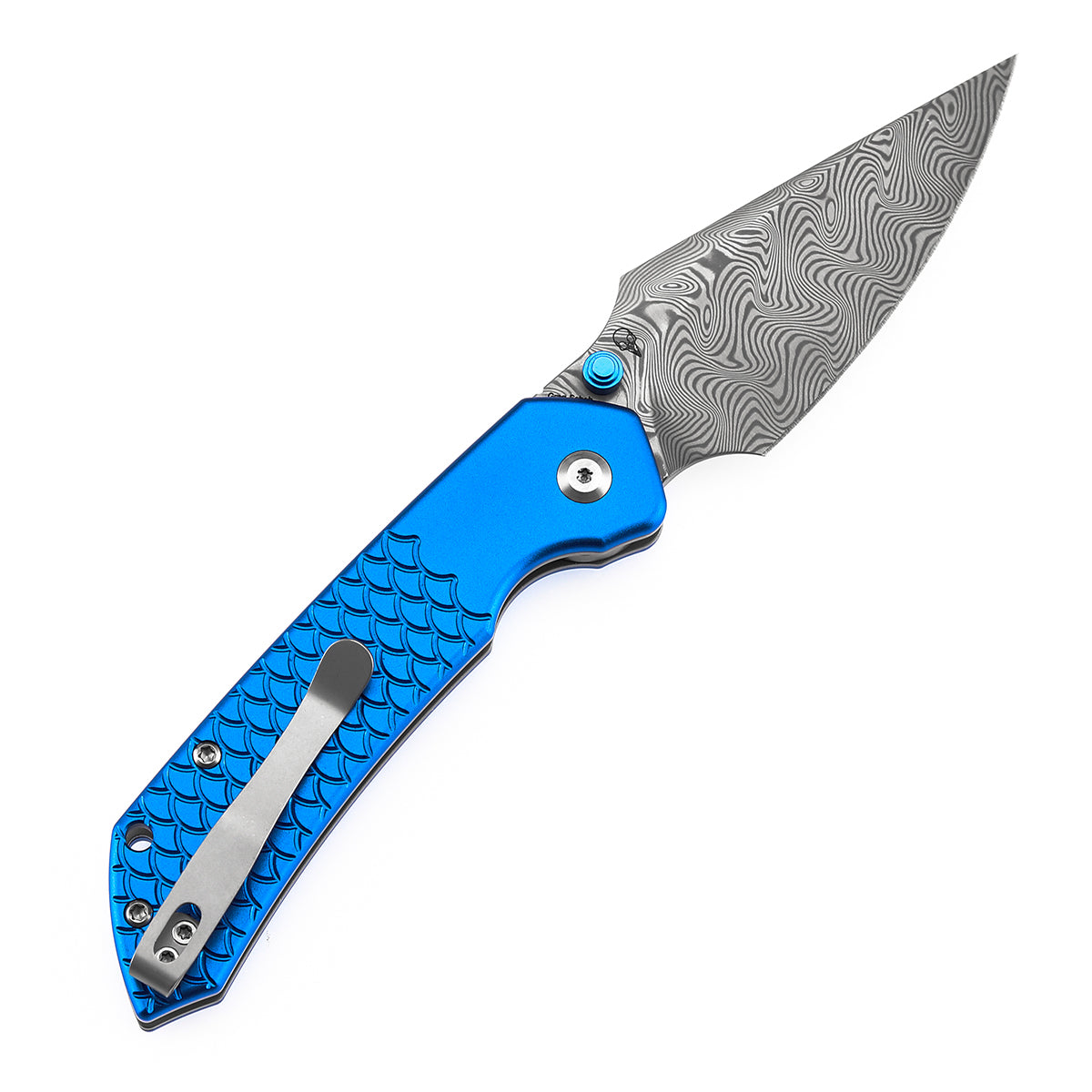 Tenable Fenrir Top Liner Lock Folding Knife| Dark Blue Anodized Aluminum with  Fishscale Texture Handle | 3.48“ Damascus Blade | Sparrow Knife Design | B1034H9