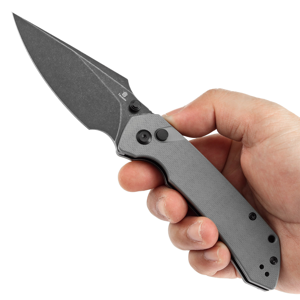 Tenable Button Lock Fenrir Folding Knife Grey G10 Handle (3.45" Blackwash 14C28N Blade) Sparrow Knife Design--T1034F3