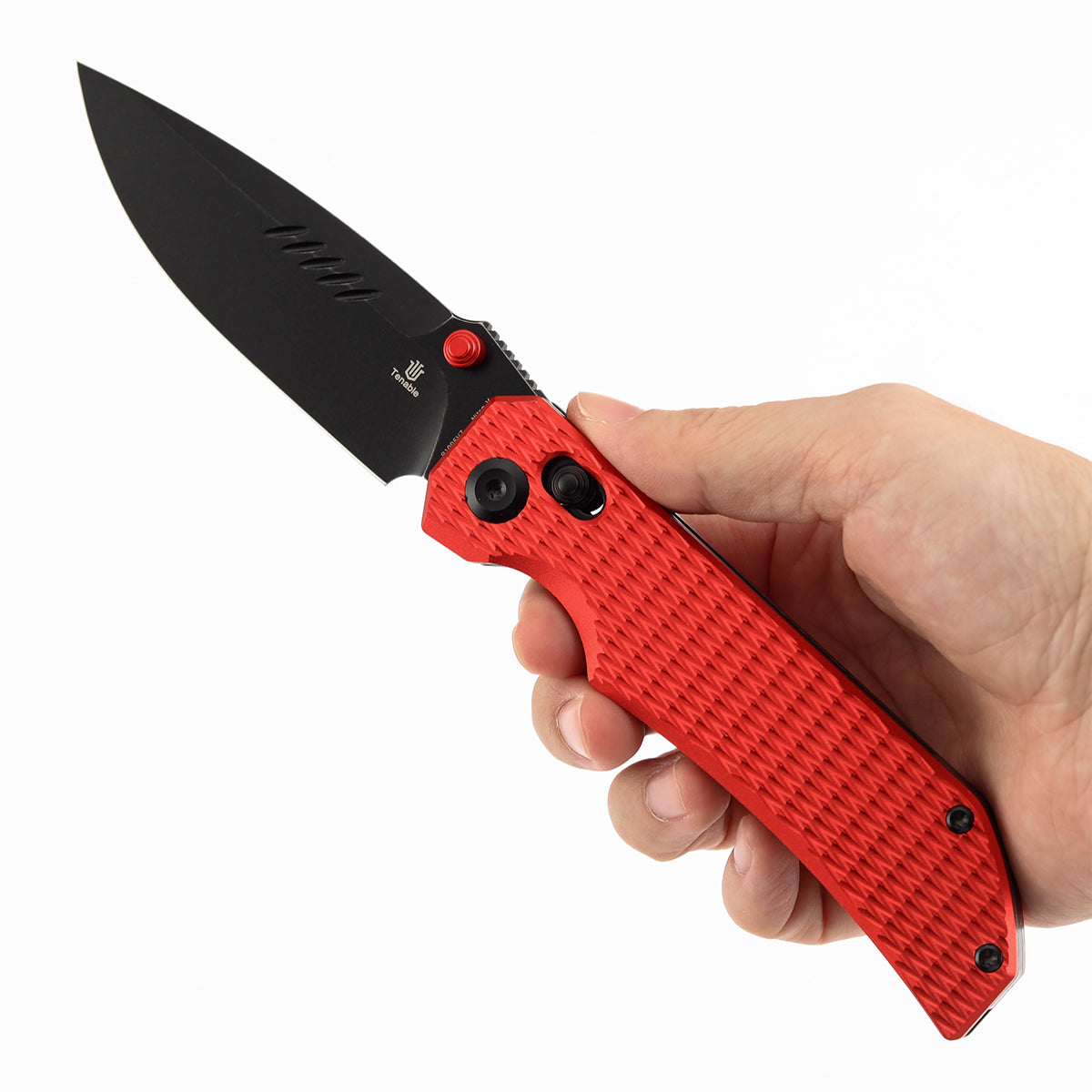 Tenable Eaglestrike | Cross Bar Lock | 3.73'' Black Stonewashed Nitro V Blade | Red Anodized Aluminum with Diamond Texture Handle | James Lowe Design-B1095V7